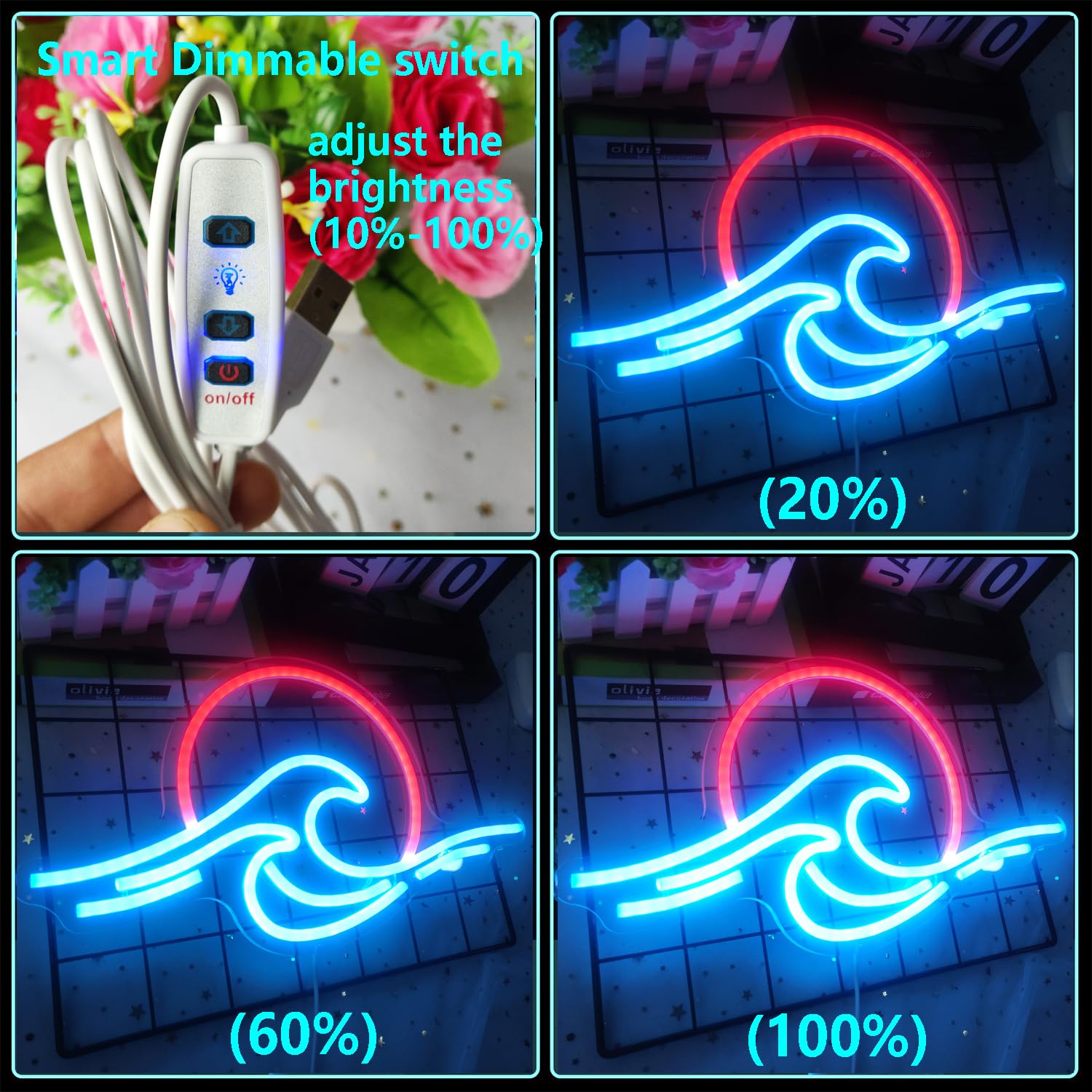 GMMLLG Neon Sign - Dimmable Wave Design, Tropical Decor, Ice Blue & Red, Acrylic Material, for Bedroom, Living Room, Office, and Parties