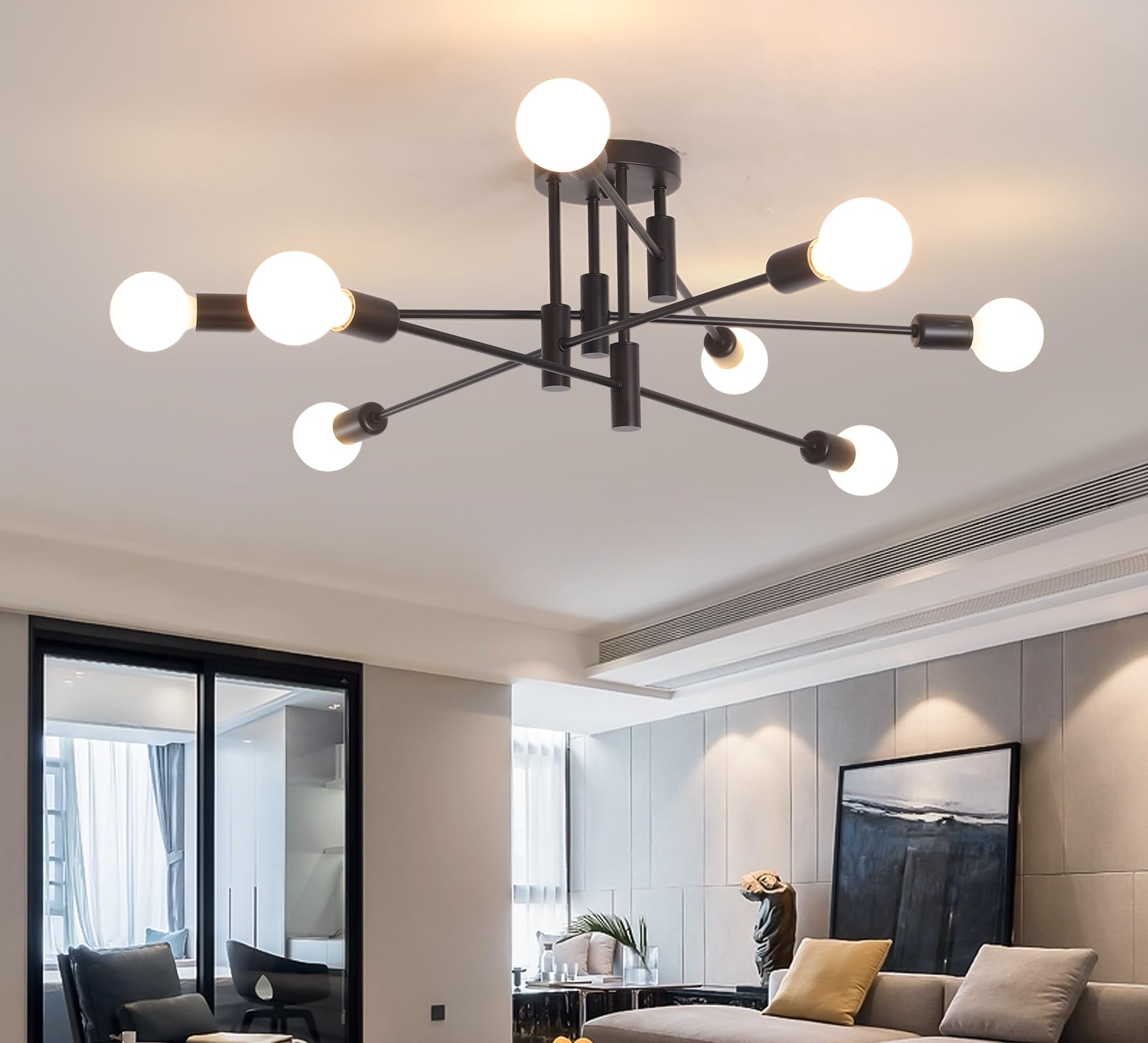 Garwarm Black Ceiling Light Fixture, 8-Lights Semi Flush Mount Ceiling Light, Sputnik Chandelier Industrial Ceiling Lamp for Kit