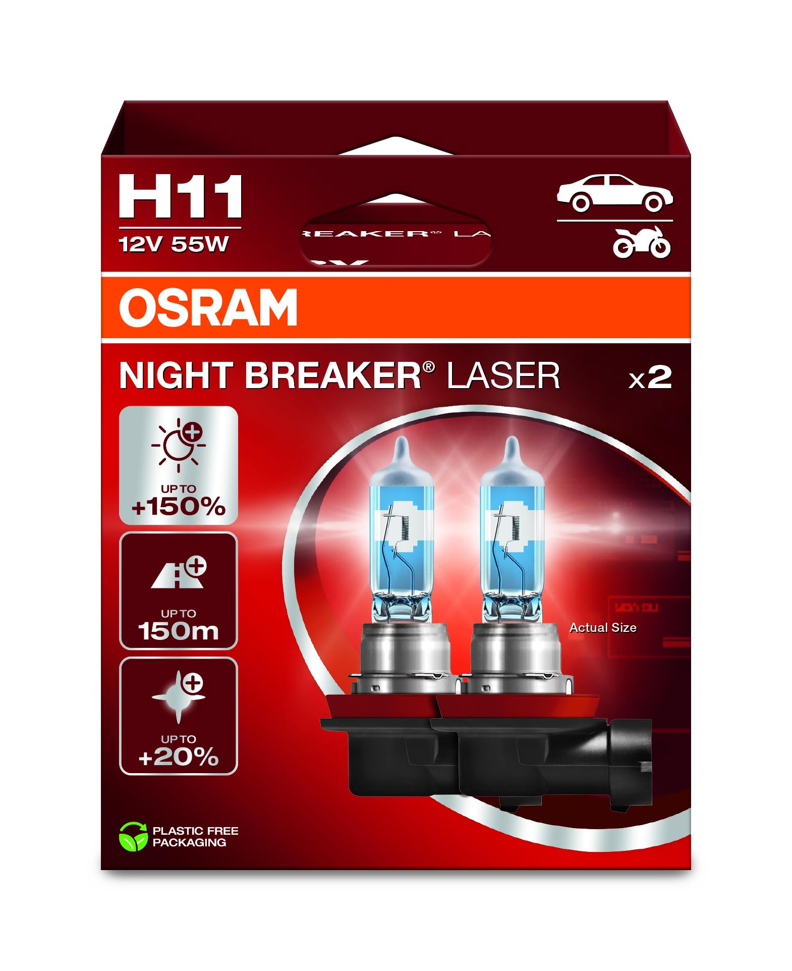 OSRAM H11 Night Breaker Laser Halogen Headlight Lamp, 150% Brighter, 12V, Model 64211NL-2HB, 2 Lamps, White/Dark Grey
