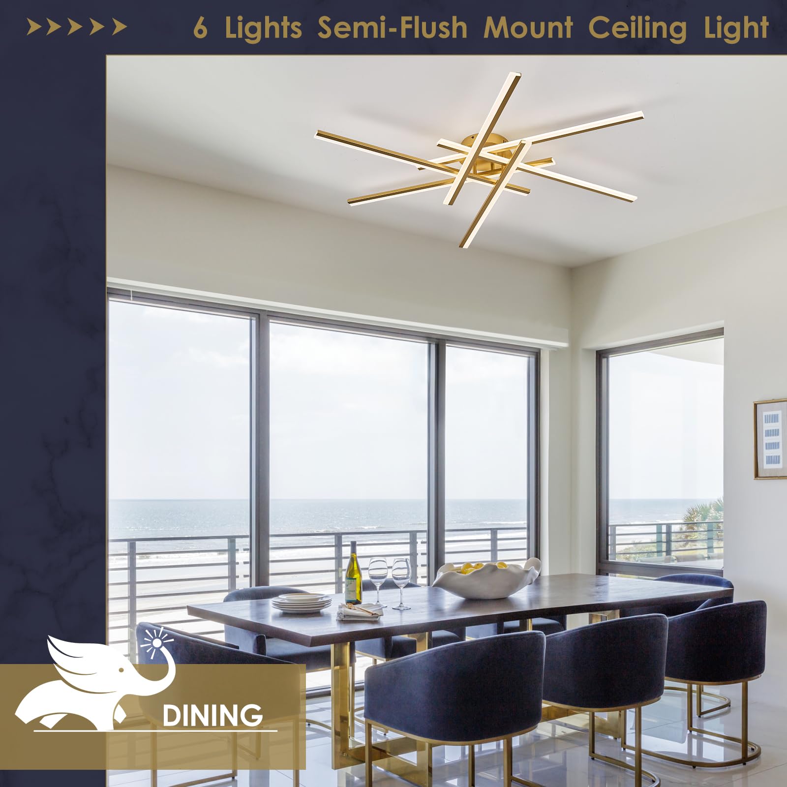 Airyphant 6-Lights Led Chandelier Modern Semi-Flush Mount Ceiling Light 44 Remote Control Ceiling Lighting Fixtures For Living Room Bedroom Kitchen Foyer