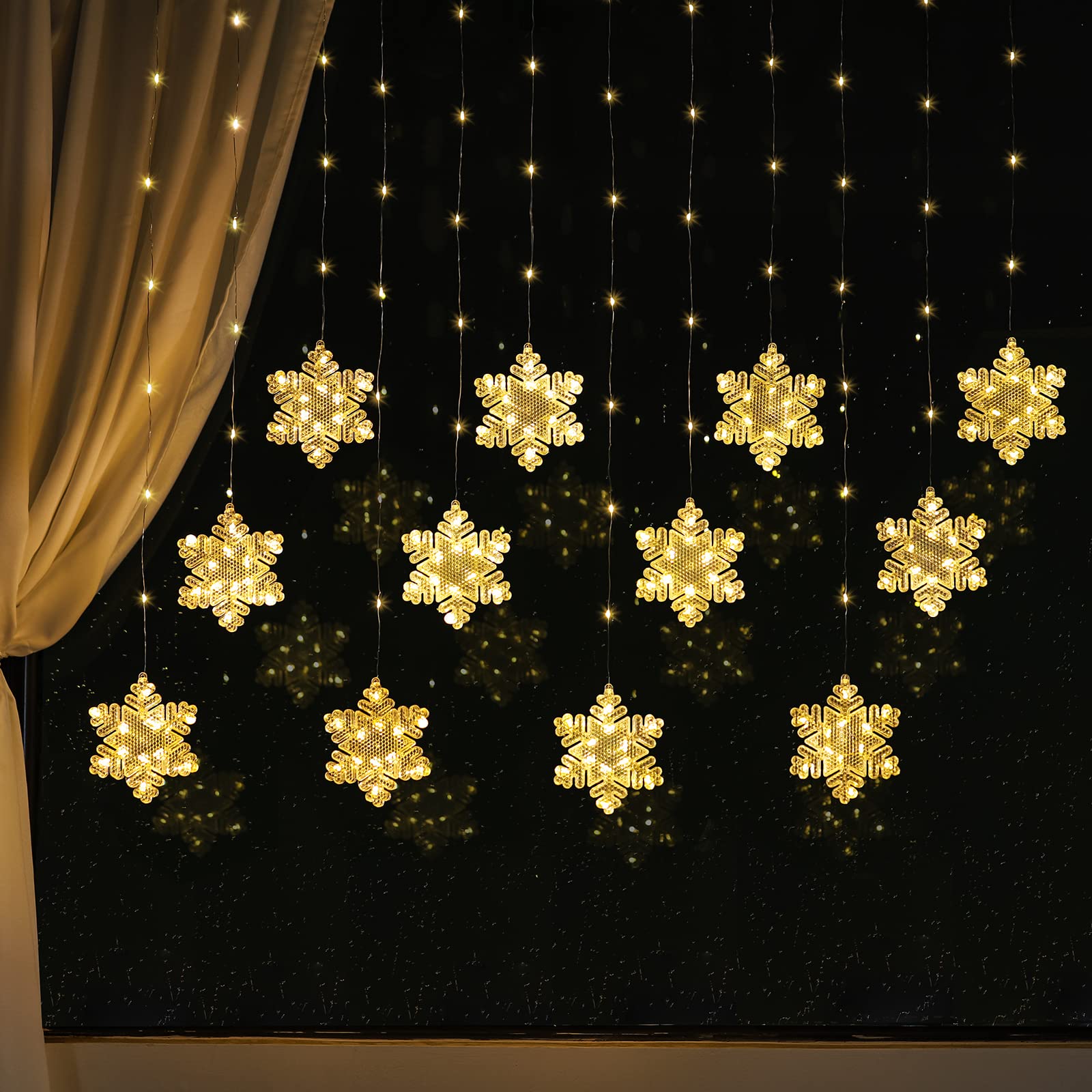 BLOOMWIN Window Lights Christmas Decor 10ft 12 Snowflakes Icicle Lights USB Christmas Curtain Lights for Bedroom Indoor Wall Winter Decorations for Home Church Wedding Birthday, 8 Modes, Warm White