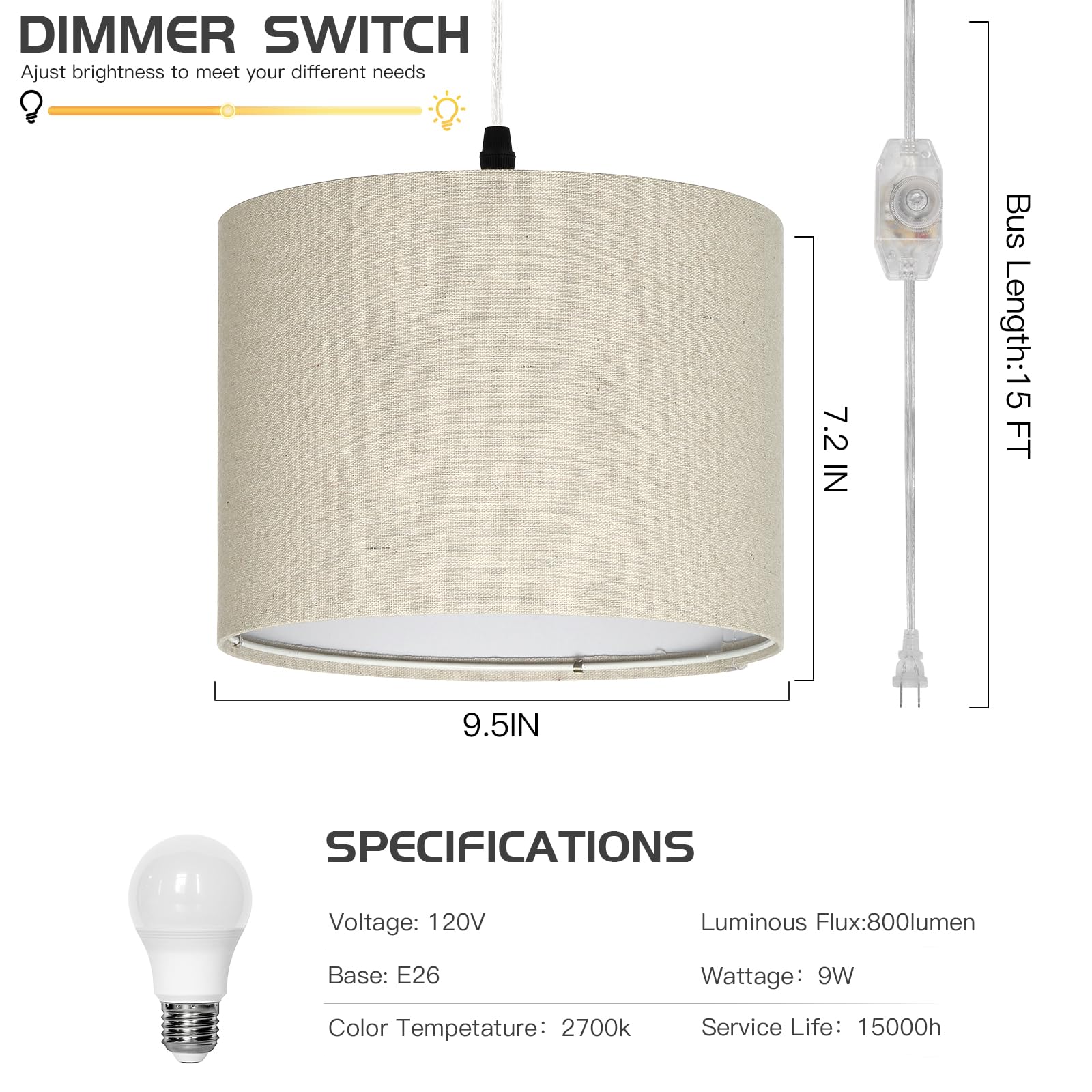 Cinsary Plug In Pendant Light, Hanging Light With Plug In Cord With Dimmable Switch, Hanging Lamp With 15 Ft Clear Cord, Linen P
