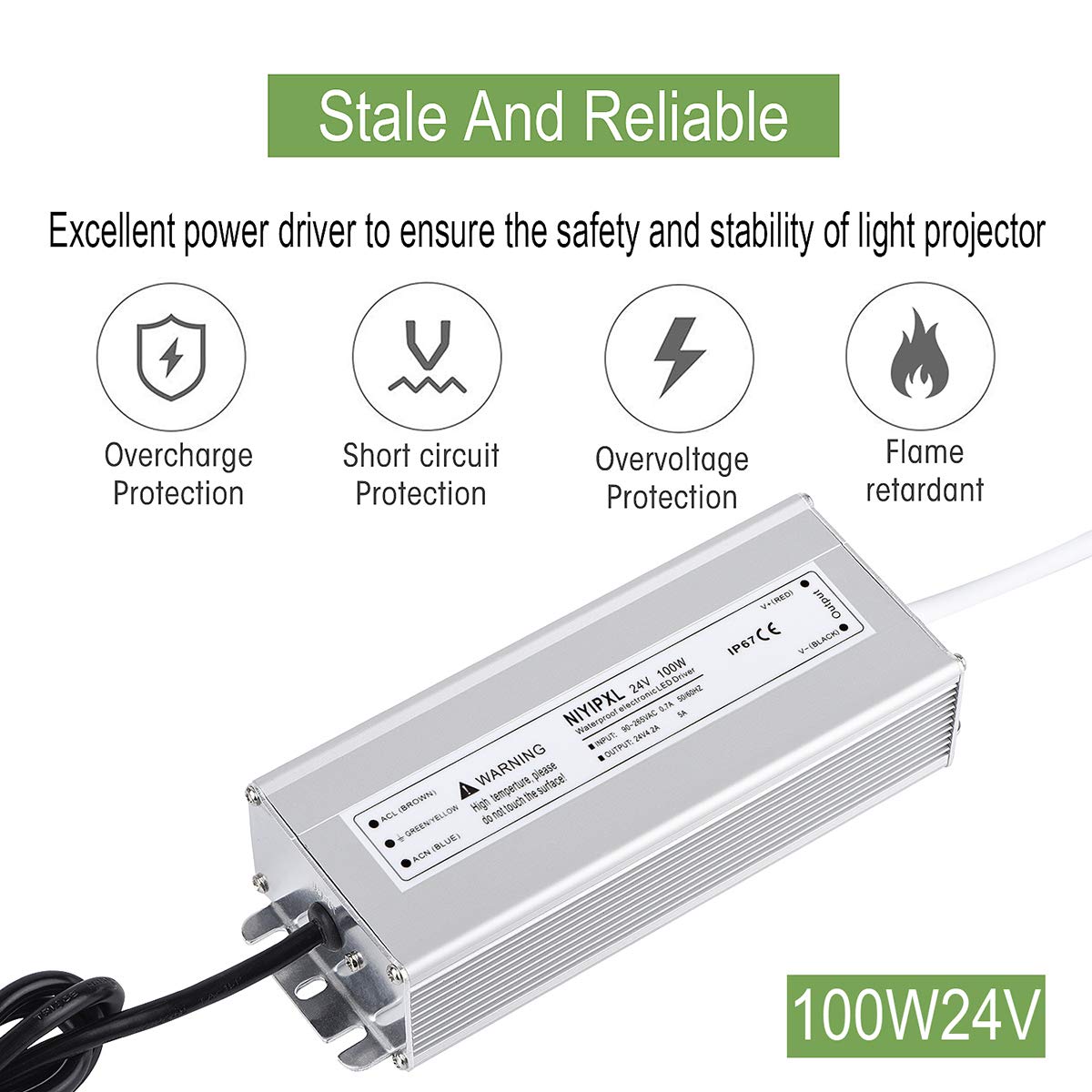 NIYIPXL LED Driver 100W 24V DC Waterproof Power Supply with 3-Prong Plug, Silver, Aluminum, Model f275f988
