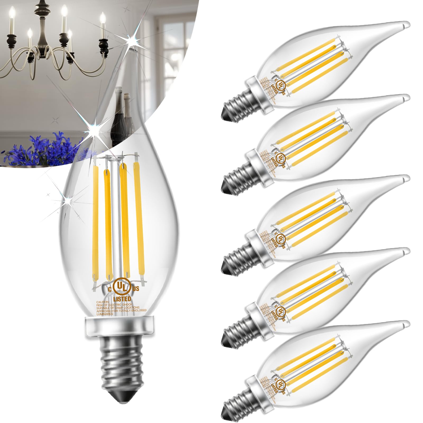 Daybetter 6 Pack Dimmable Candelabra Light Bulbs, Flame Tip Vintage Led Candle Bulbs, E12 Small Base, 60 Watt Equivalent, 5000K