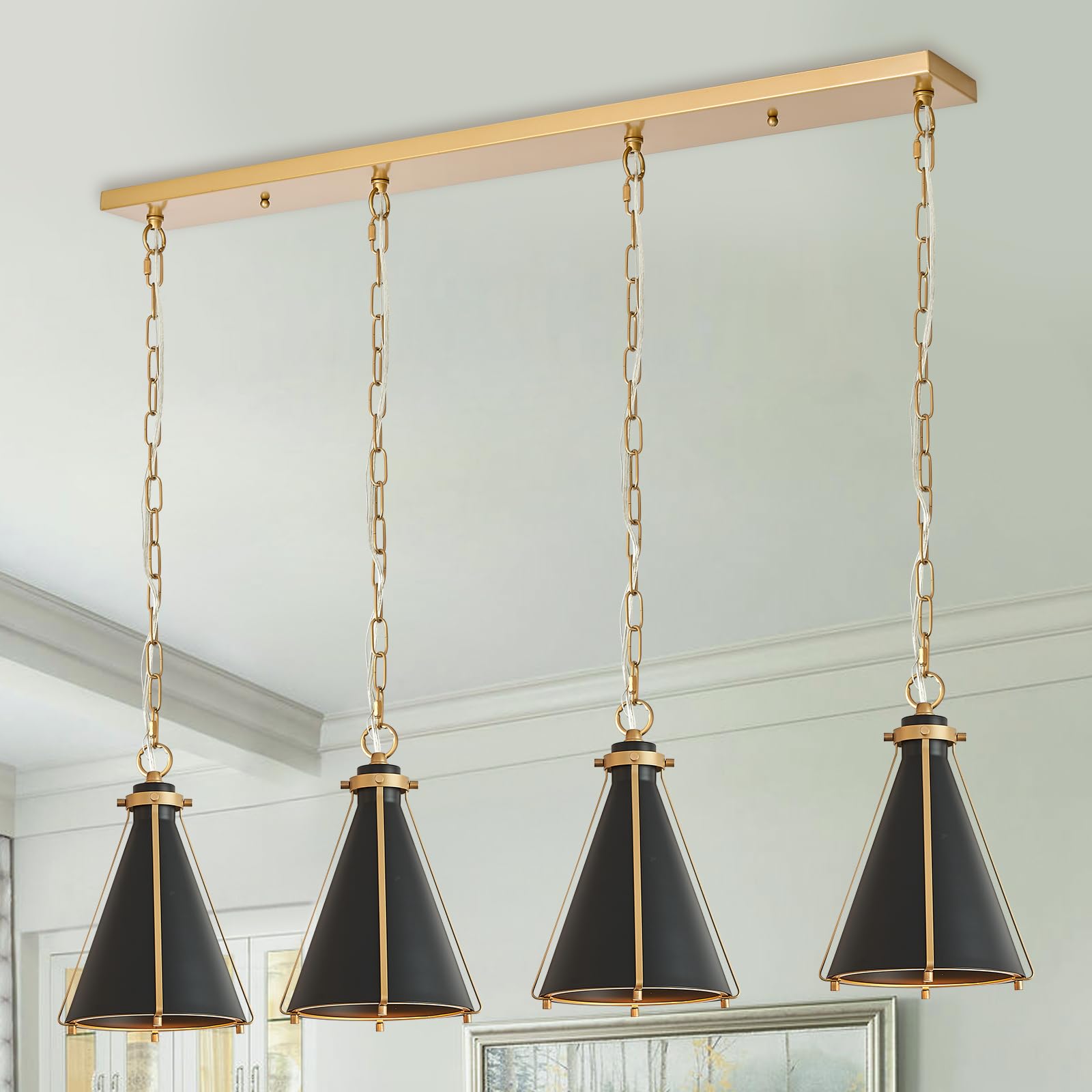 Caraluxe Black & Gold Kitchen Island Light 4-Light Hanging Chandelier Cone Shade 42 '' Rectangle Kitchen Island Pendant Light Fi