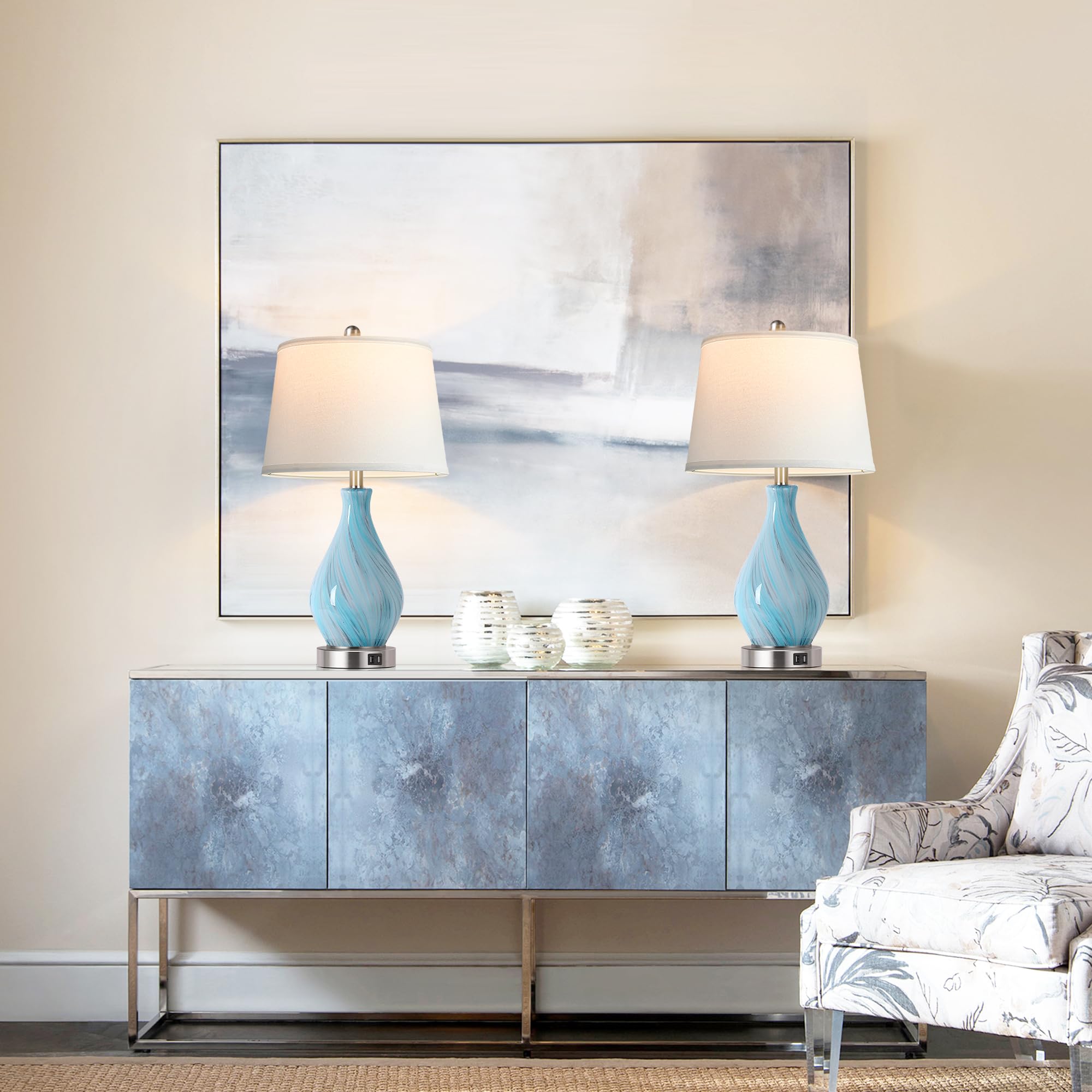PARTPHONER Modern Accent Table Lamp Set of 2, 22in Touch Control, Faded Swirl Blue Gray Glass, Dimmable with USB Ports