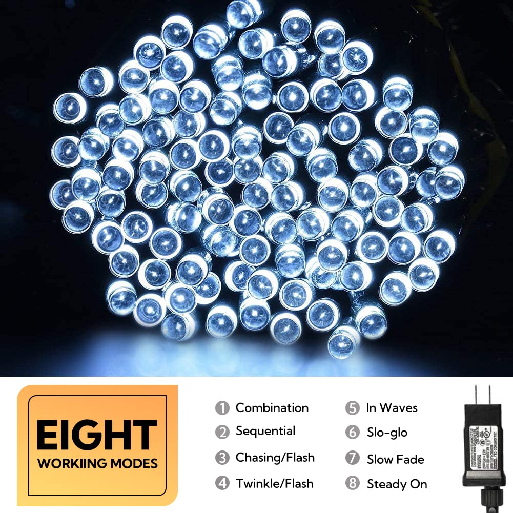 Hopolon String Lights, 33FT 100 LEDs, Green Wire, Waterproof, 8 Modes, 30V UL Certified, Cool White, Model QX-U-O-S-100-W-C