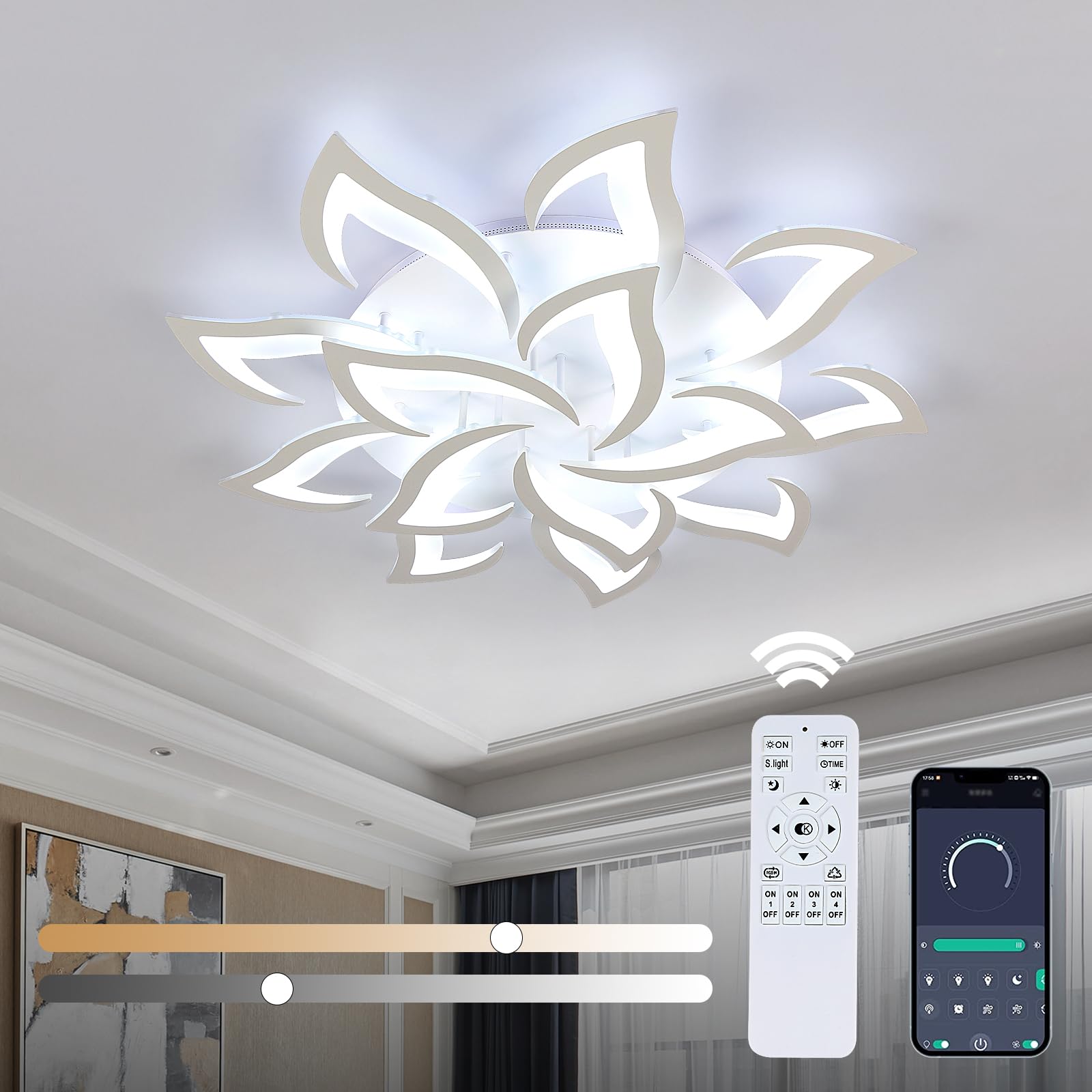 Goeco Modern Ceiling Light, 14-Petals LED Dimmable White Acrylic Flower Design Flush Mount Ceiling Light, 3000K-6500K with APP/R