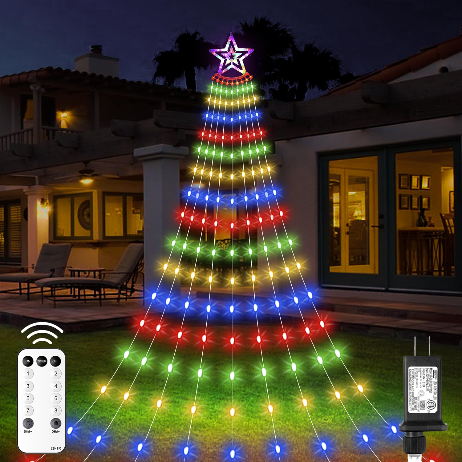 Christmas Decorations Star Lights Outdoor, 11.48ft 350 LED Waterfall Tree Lights with 8 Modes Timer Remote Plug in Christmas Str
