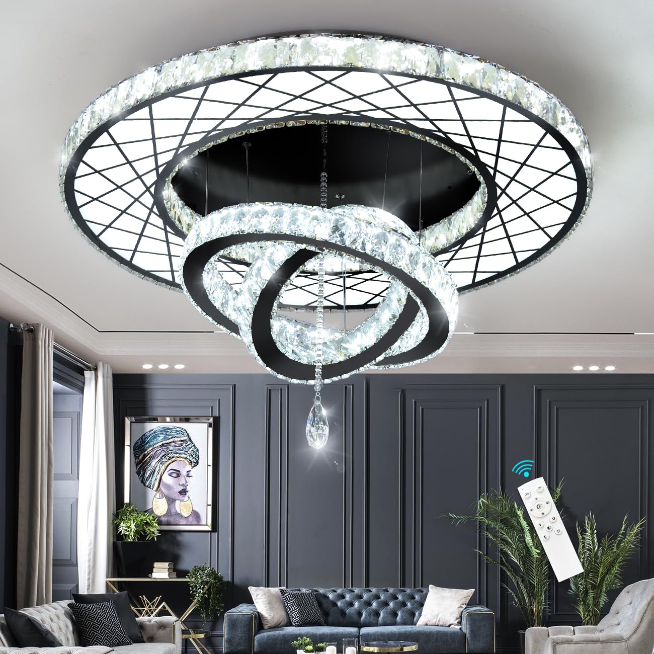 HAIXIANG Crystal Glam Chandelier LED Ceiling Light, 40 Inch, Black, Remote Dimmable, Model MMQ3831