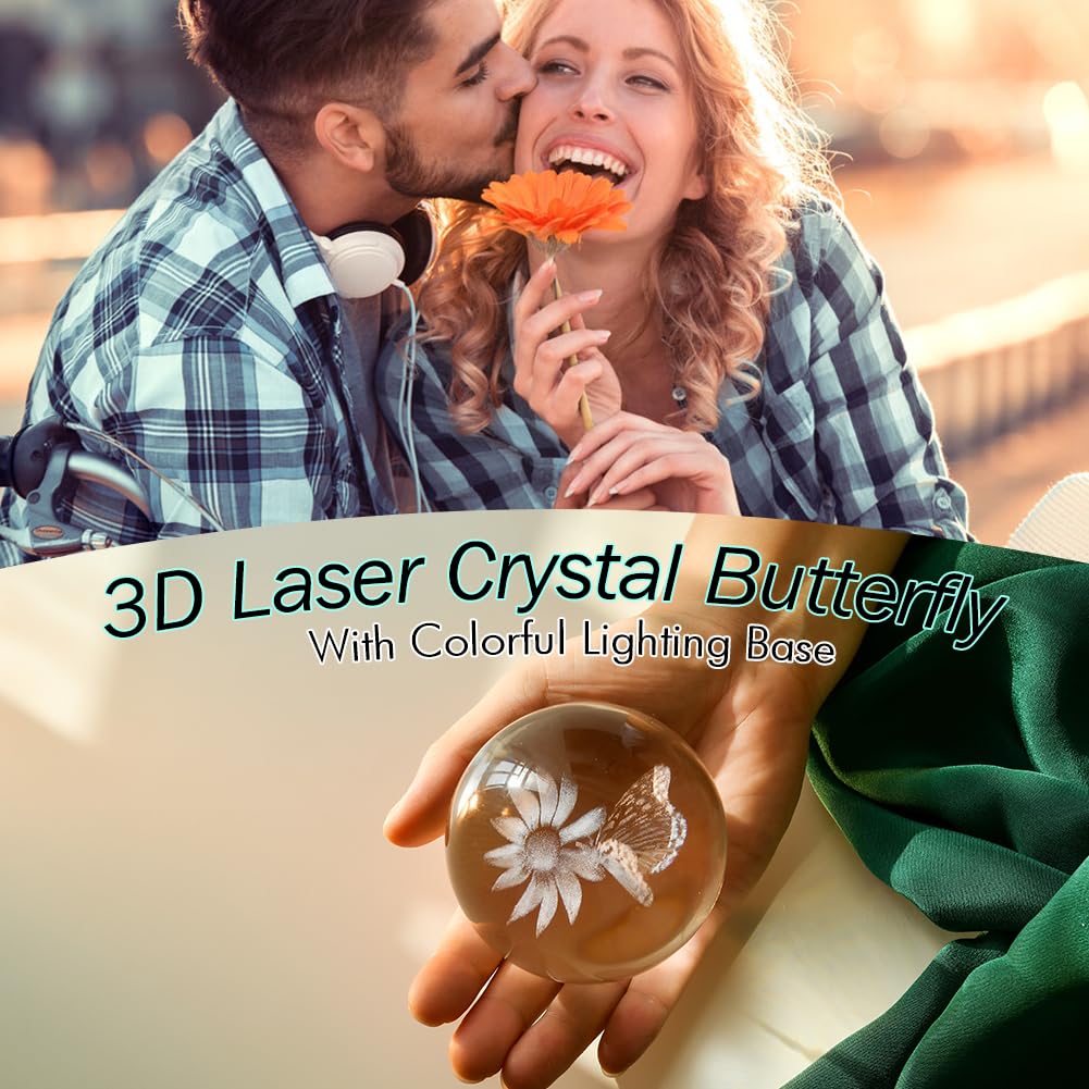 Ifolaina 3D Butterfly Crystal Ball Etched Butterfly Decor Night Light For Home Decor Butterfly Figurine Gift For Women Butterfly Lamp For Bedroom Unique Butterfly Gifts For Her