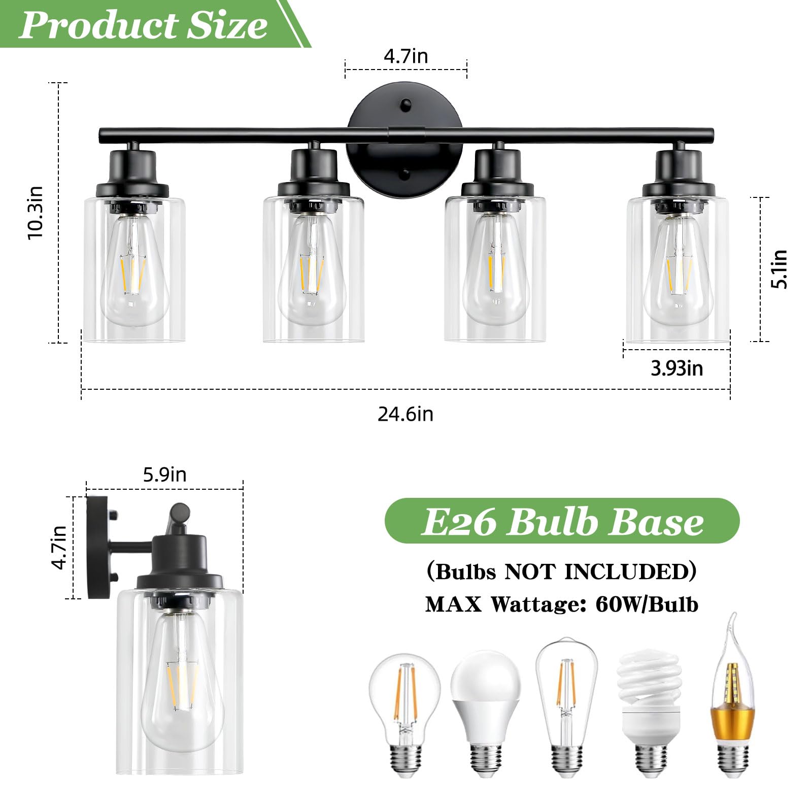 Guliaofo 4-Light Black Bathroom Vanity Light Fixture, Modern Metal Wall Sconces with Clear Glass Shade, Model Gu-111-QGH-4