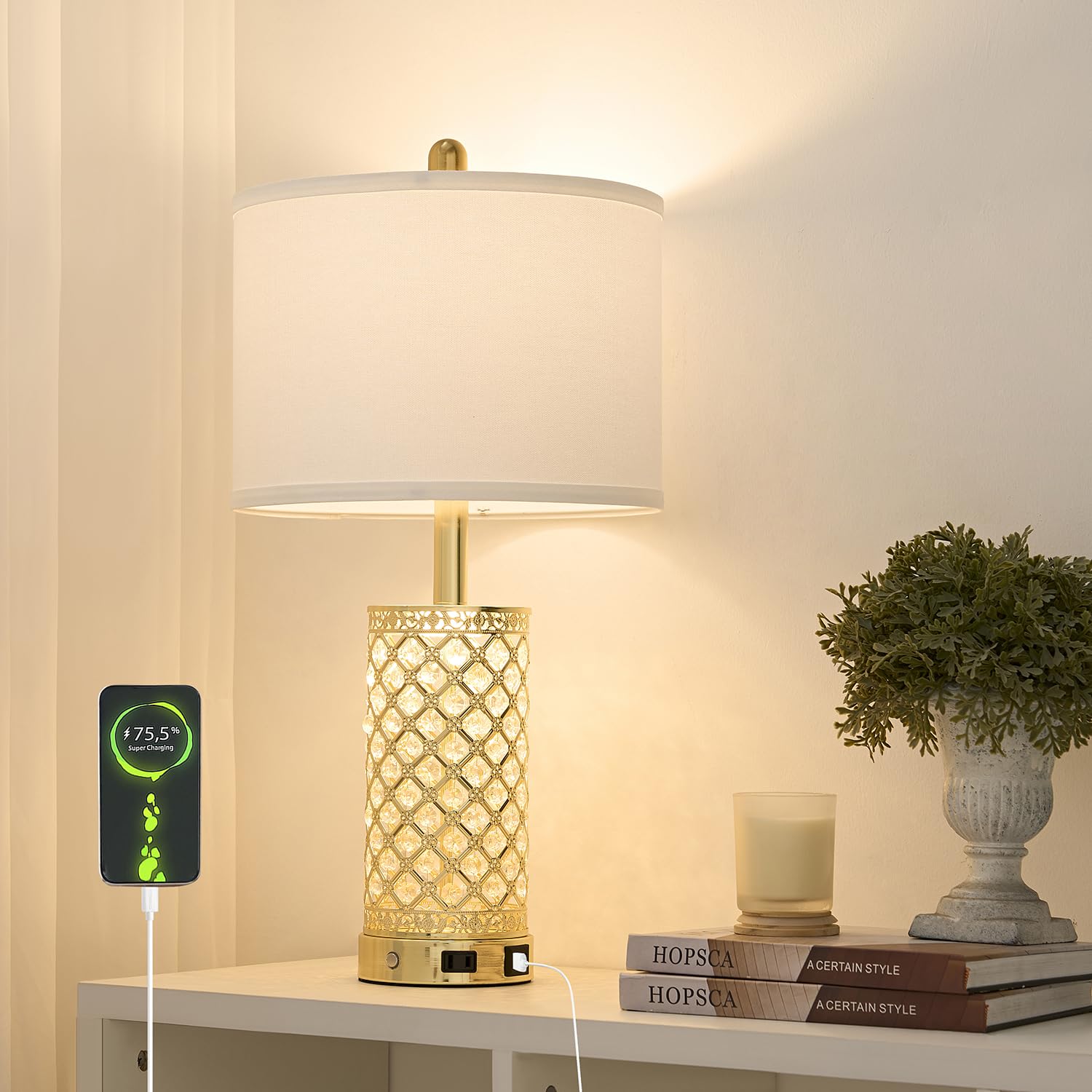 Saiweya Modern Crystal Table Lamp - 24'' Gold Bedroom Lamps 3-Way Dimmable Touch Lamp With Night Light, 2 Usb Ports + Ac Outlet 