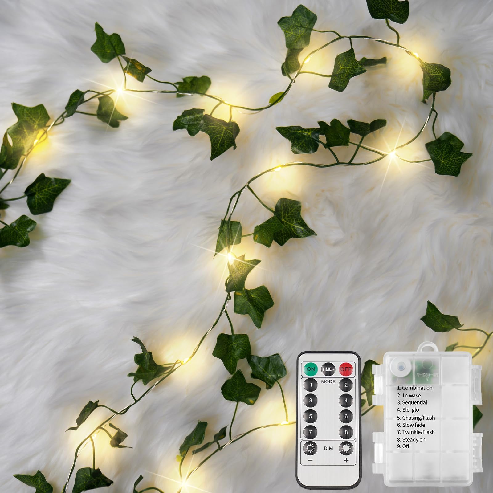 suddus Ivy String Lights with Remote, 100 LED, 33ft Copper Wire, Battery Operated, Warm White for Bedroom, Garden, Party Decor