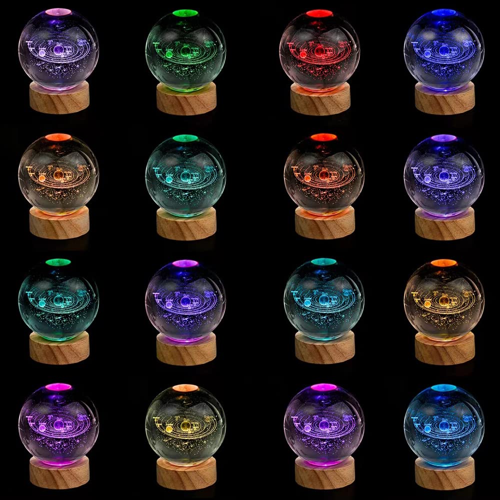 3D Solar System Crystal Ball Night Light With 16 Color Led Wooden Base, Upgraded 3.15 In Galaxy Planets Glass Ball Lamp With Rem
