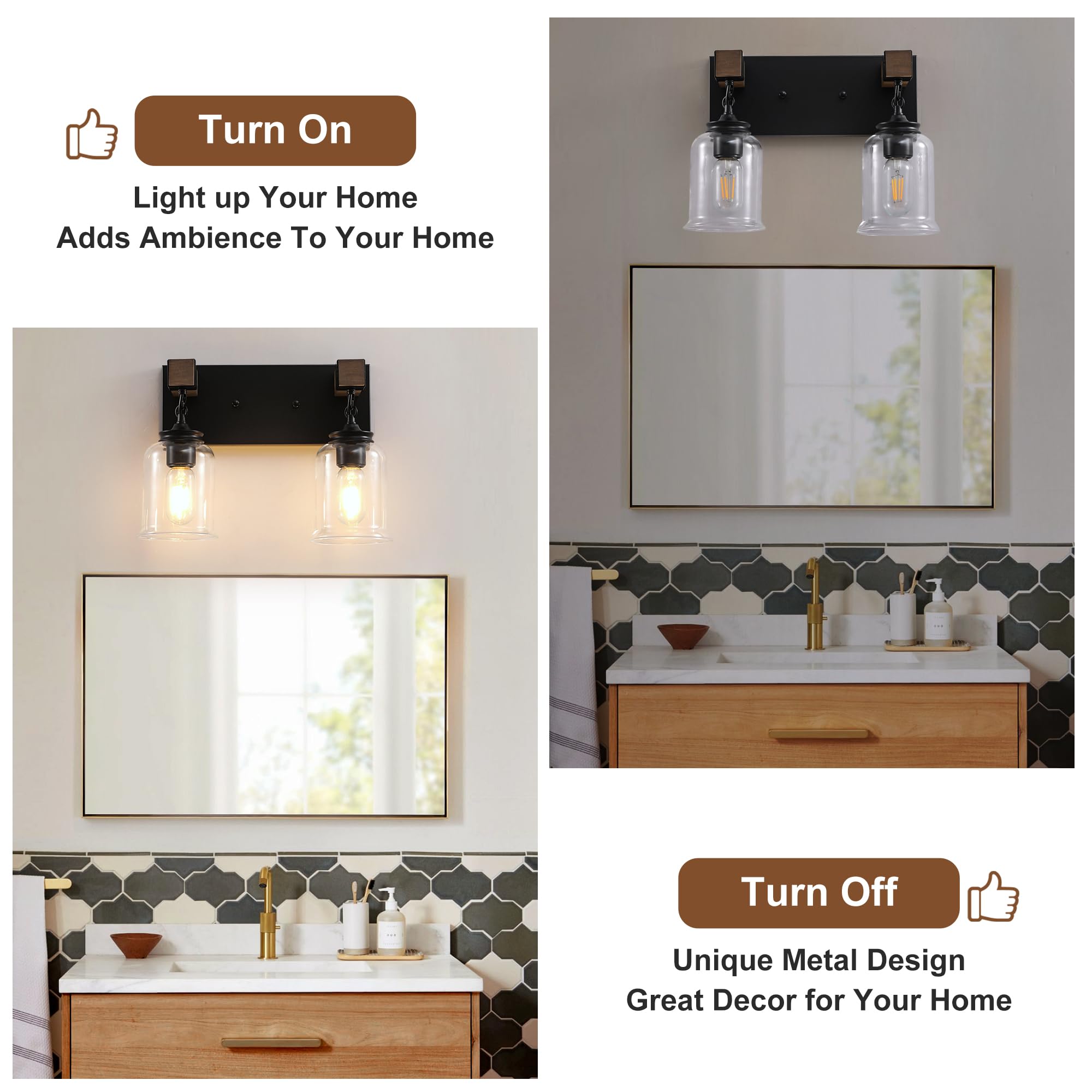 Farmhouse Bathroom Light Fixtures, 2 Light Matte Black Bathroom Vanity Light, Industrial Style with Clear Glass Shades, Lighting