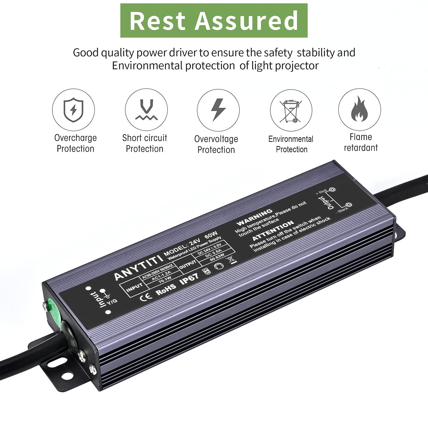 Anytiti Led Driver,Led Power Supply Ip67 Waterproof Output 60W Dc24V 2.5A 3-Prong Plug 4.5Feet (24V 60W)