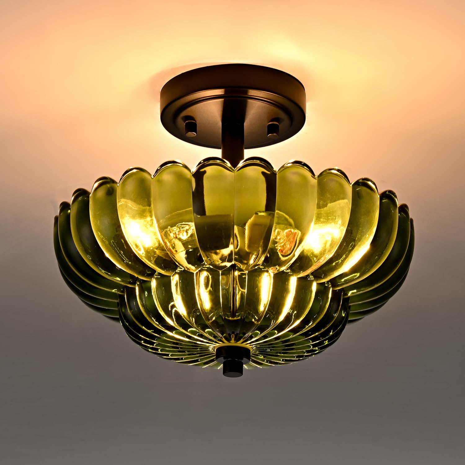 Semi Flush Mount Ceiling Light Fixture  Green Glass 3-Light Modern Vintage Ceiling Lights  Scalloped Close To Ceiling Light  Black Base Flush Mount Ceiling Light For Hallway Bedroom Entryway Kitchen