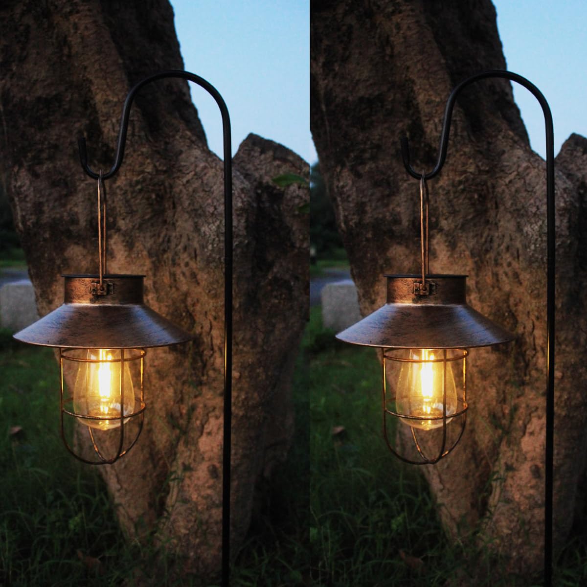 2 Pack Solar Lanterns, Outdoor Hanging Lights Metal with Shepherd Hook Warm White Edison Bulb Design for Garden and Birthday Gif