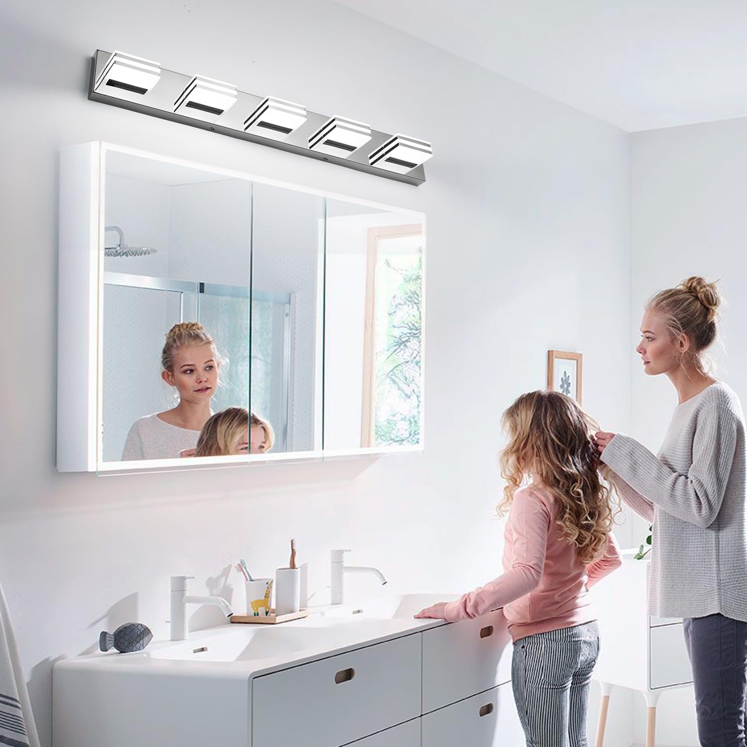yumcrelect LED Vanity Lighting 5-Light Bath Wall Lamps 34-Inch Chrome Metal Model 6210 Not Dimmable