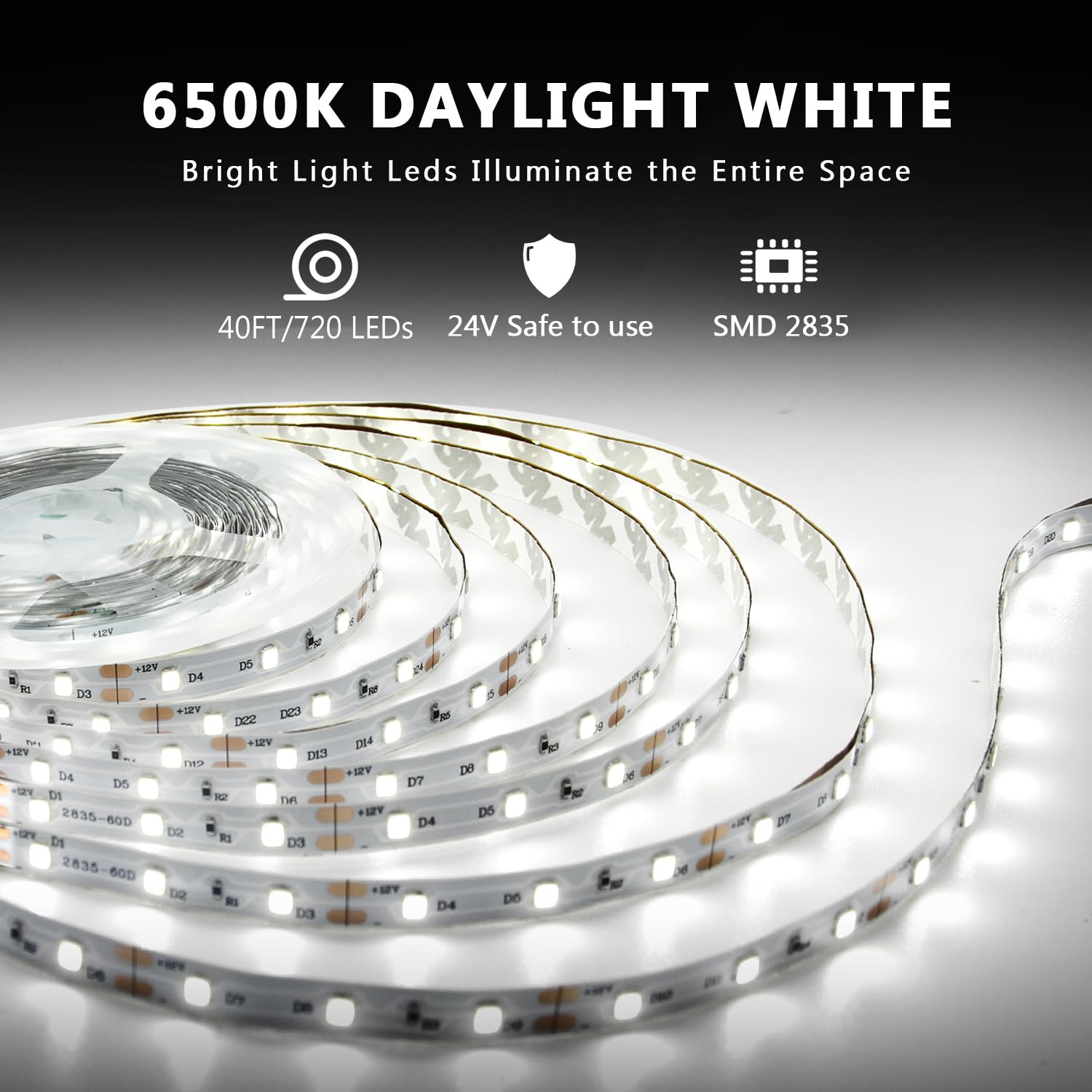 dalattin White LED Strip Lights 40ft Dimmable 6500K 720 LEDs Vinyl Tape for Bedroom Kitchen Home Decoration