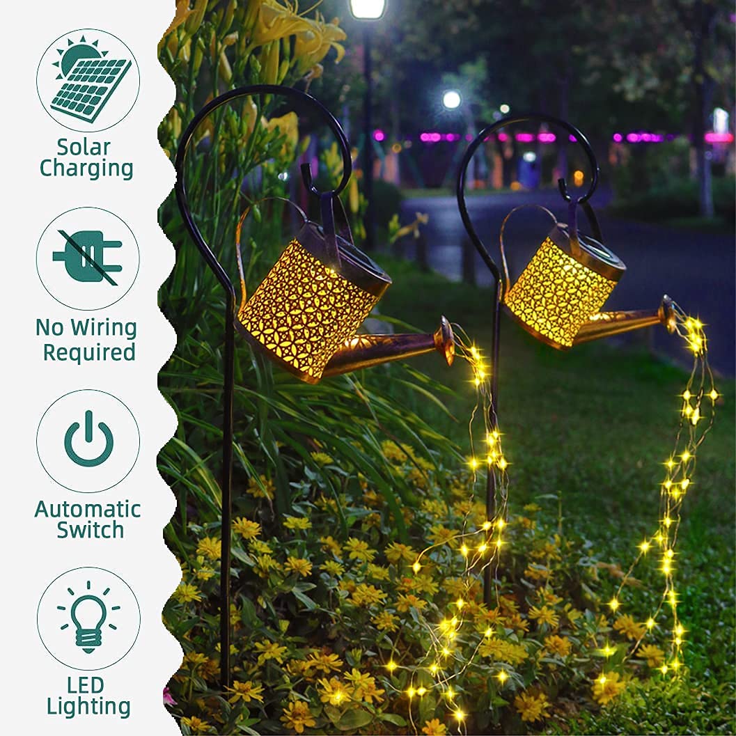 HUYIENO Solar Garden Lights - 2 Pack Hanging Lanterns, Metal Watering Can Design, Warm LEDs, Shepherd Hook for Patio and Yard