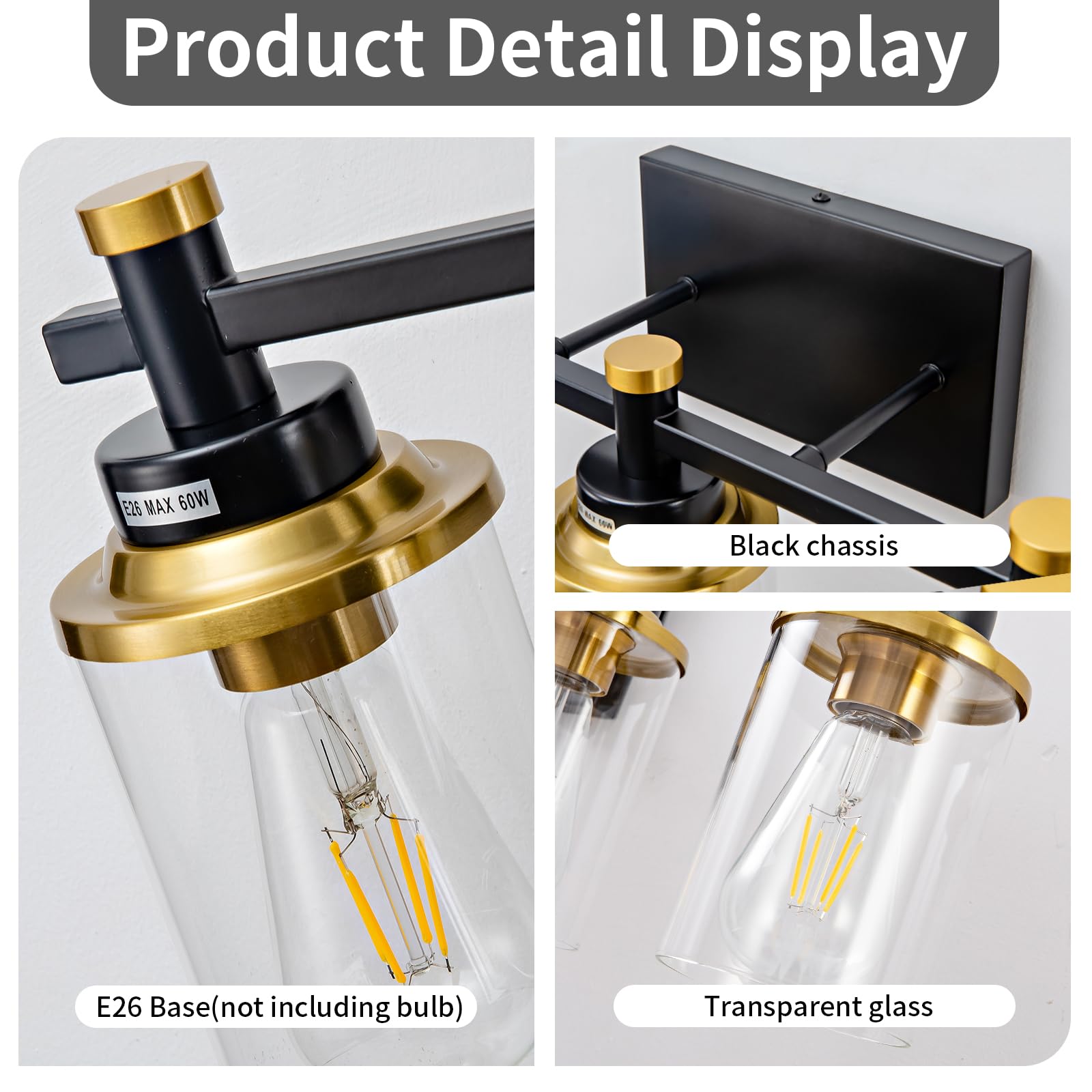 Aixialin 6 Bathroom Vanity Lights, Black And Gold Bathroom Light Fixtures, Sconces Wall Lighting With Clear Glass Shade, Modern