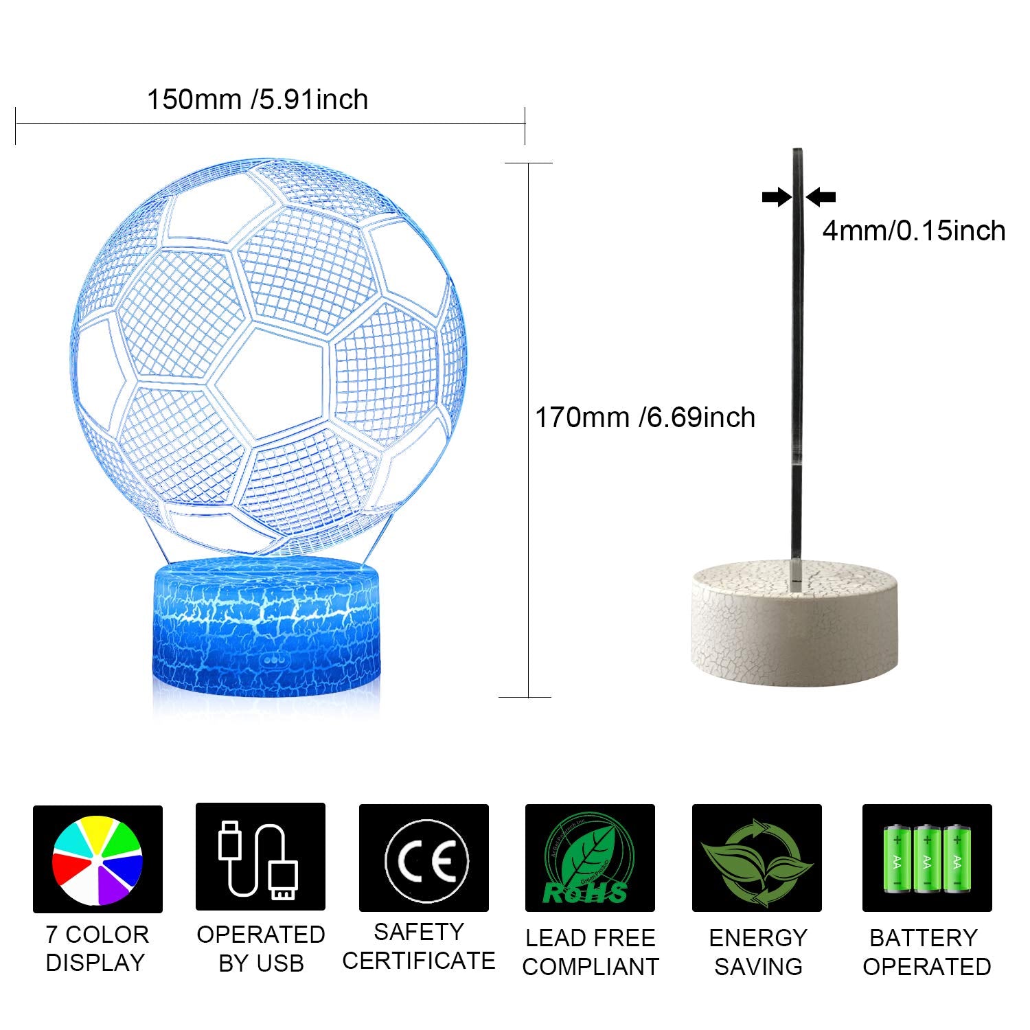 Azalco 3D Illusion Soccer Night Light,Football Led Lamp 16 Color Change Smart Touch&Remote Control Teenager Christmas Gifts Xmas