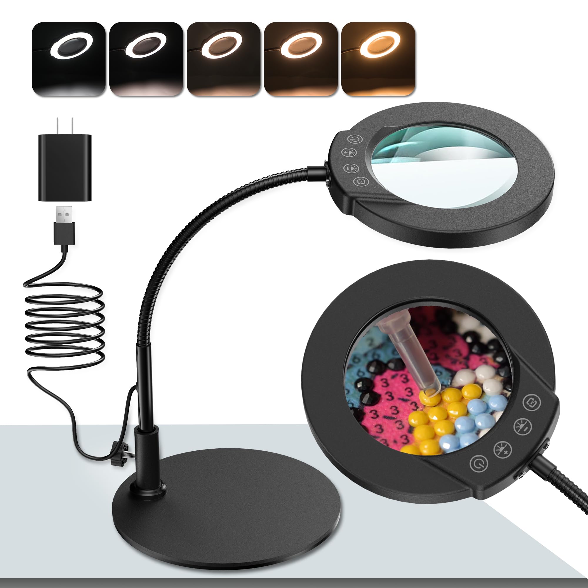 10X Magnifying Glass With Light And Stand, 5 Color Modes Stepless Led Lighted Desk Lamp, Hands Free Flexible Gooseneck Magnifier