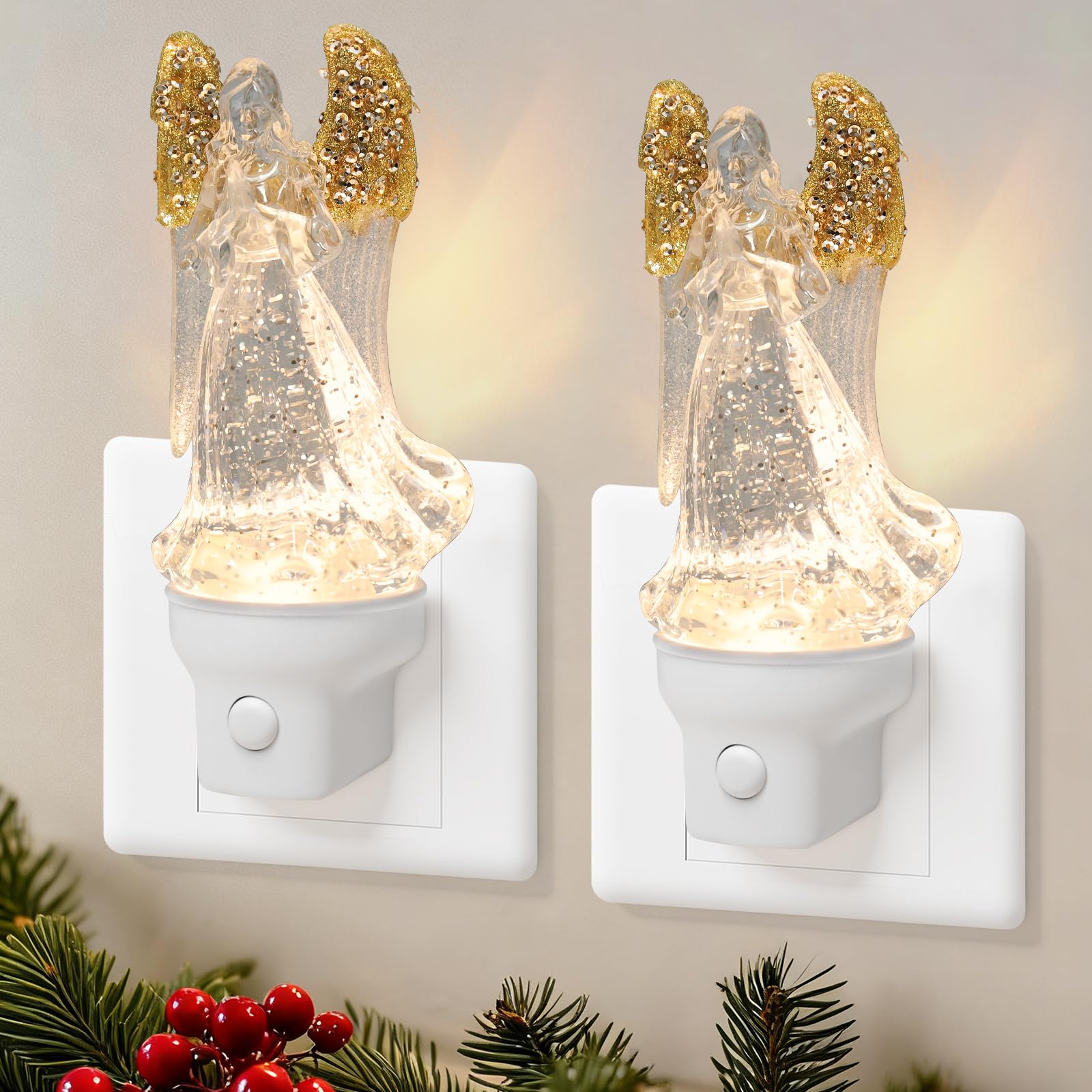2 Pack Christmas Angel Night Light Plug into Wall Glitter Water Nightlight with USB/Outlet Options  Christmas Decorative Nightlight for Bedroom Kitchen Nursery Holiday Decorations Gifts (Angel)