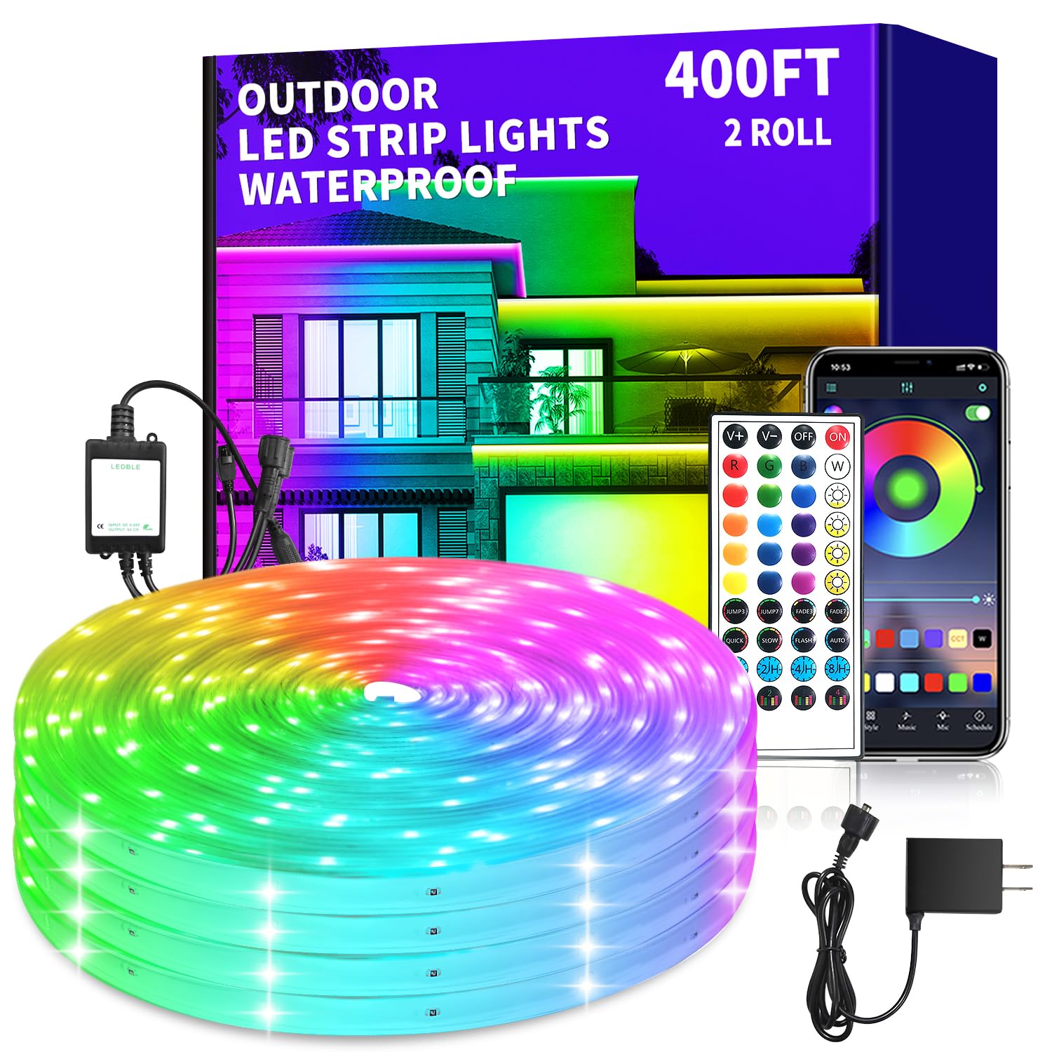 vimeepro 400ft Outdoor Waterproof Led Strip Light,IP68 Waterproof Led RGB Light with IR Remote&App Control,Music Sync and Color 
