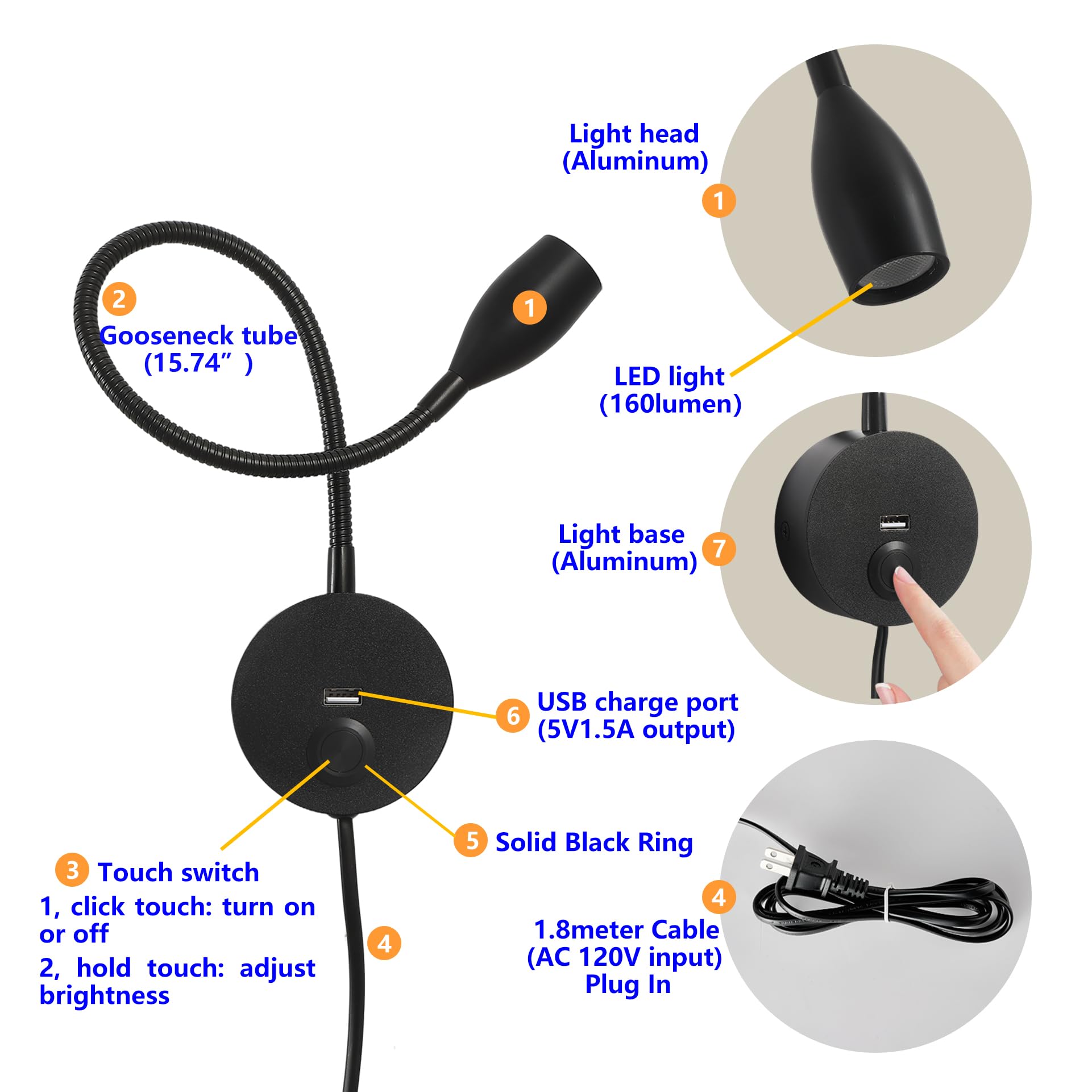 Crisetek Reading Light Wall Mounted Reading Light Headboard Touch Switch Dimmable Reading Lamp Task Directional Led Gooseneck Light Ac (120V) Powered 3W (Matte Black, Warm White)