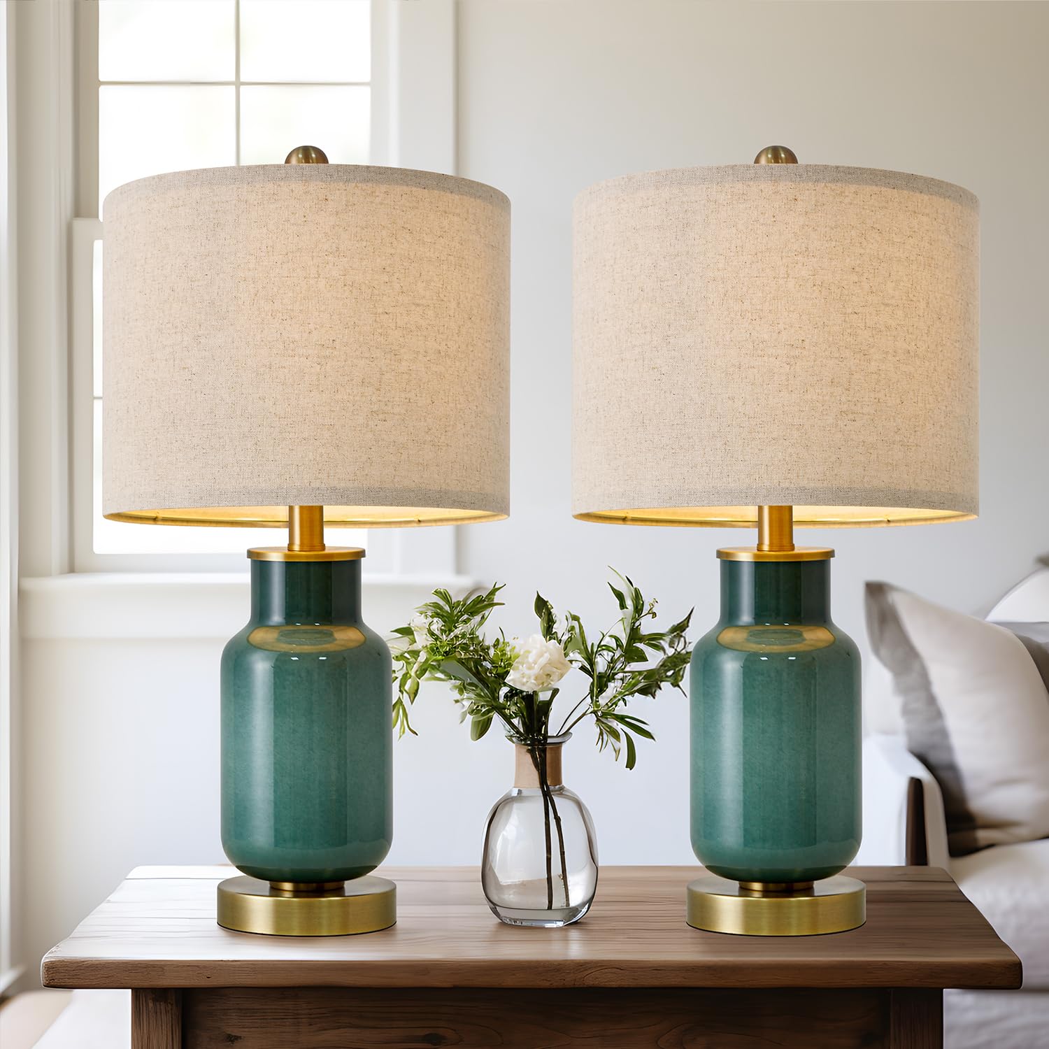 USumkky Modern Table Lamp Set of 2, 21.25" Dark Green Glass Nightstand Lamps for Living Room and Bedrooms, Model YM-AMZ-T1126GR