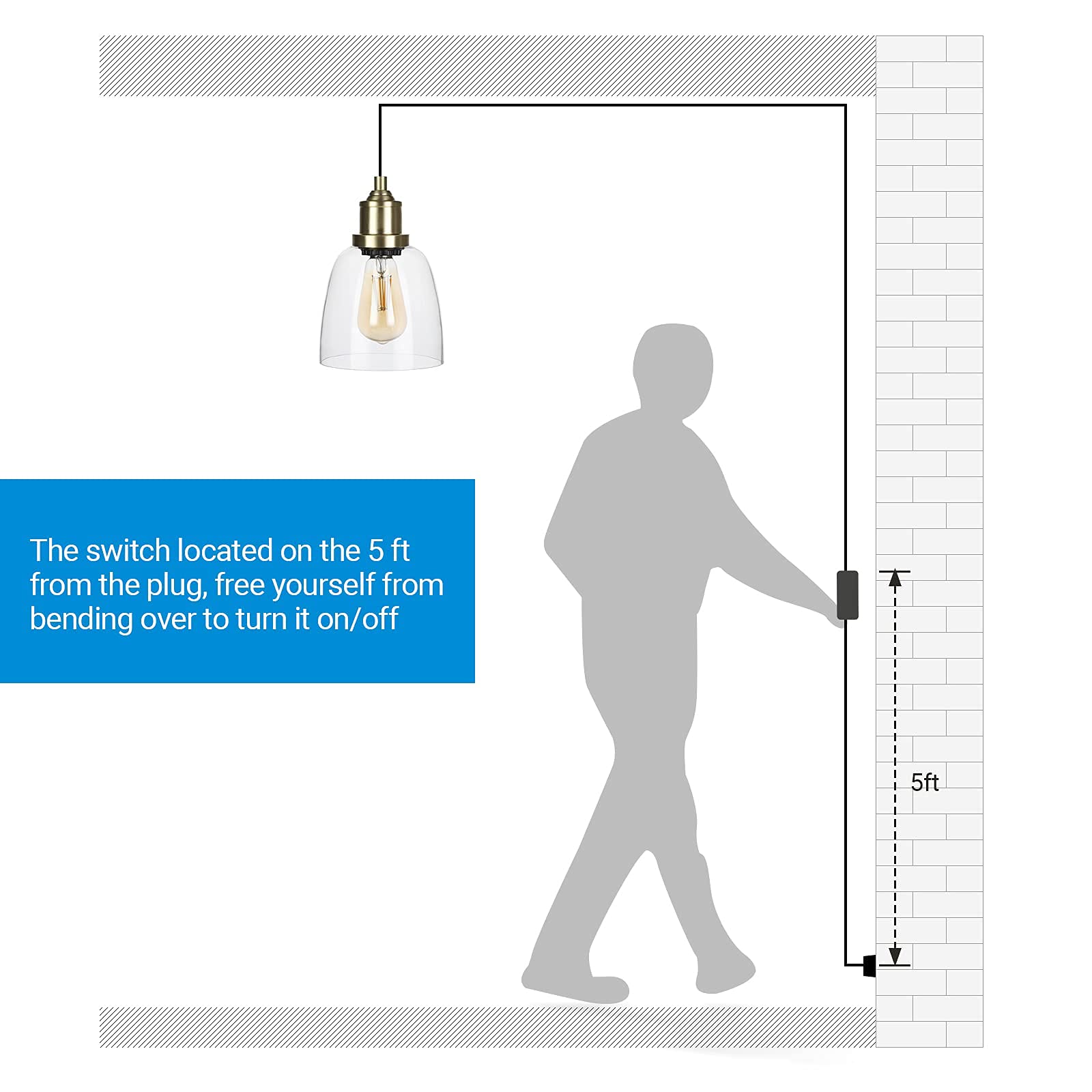 DEWENWILS Plug in Pendant Light, Hanging Light with 15ft Adjustable Cord, On/Off Switch, Clear Glass Shade, Hanging Light Fixtur