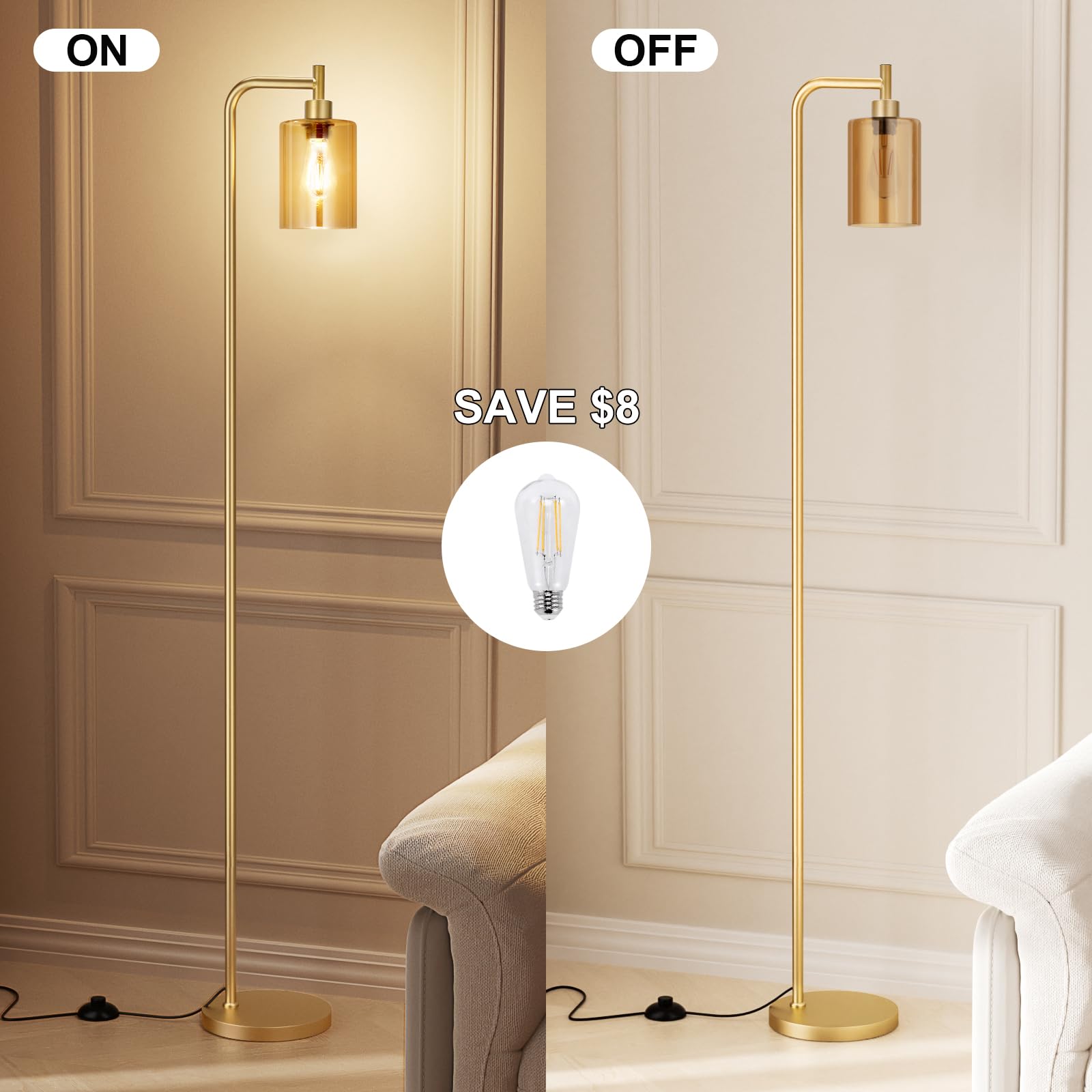 Ziisee Floor Lamps For Living Room - Gold Standing Lamp With Amber Glass Shade, Modern Floor Lamp With Led Bulbs, Bright Industrial Floor Lamp For Bedroom, Farmhouse Tall Lamp For Office