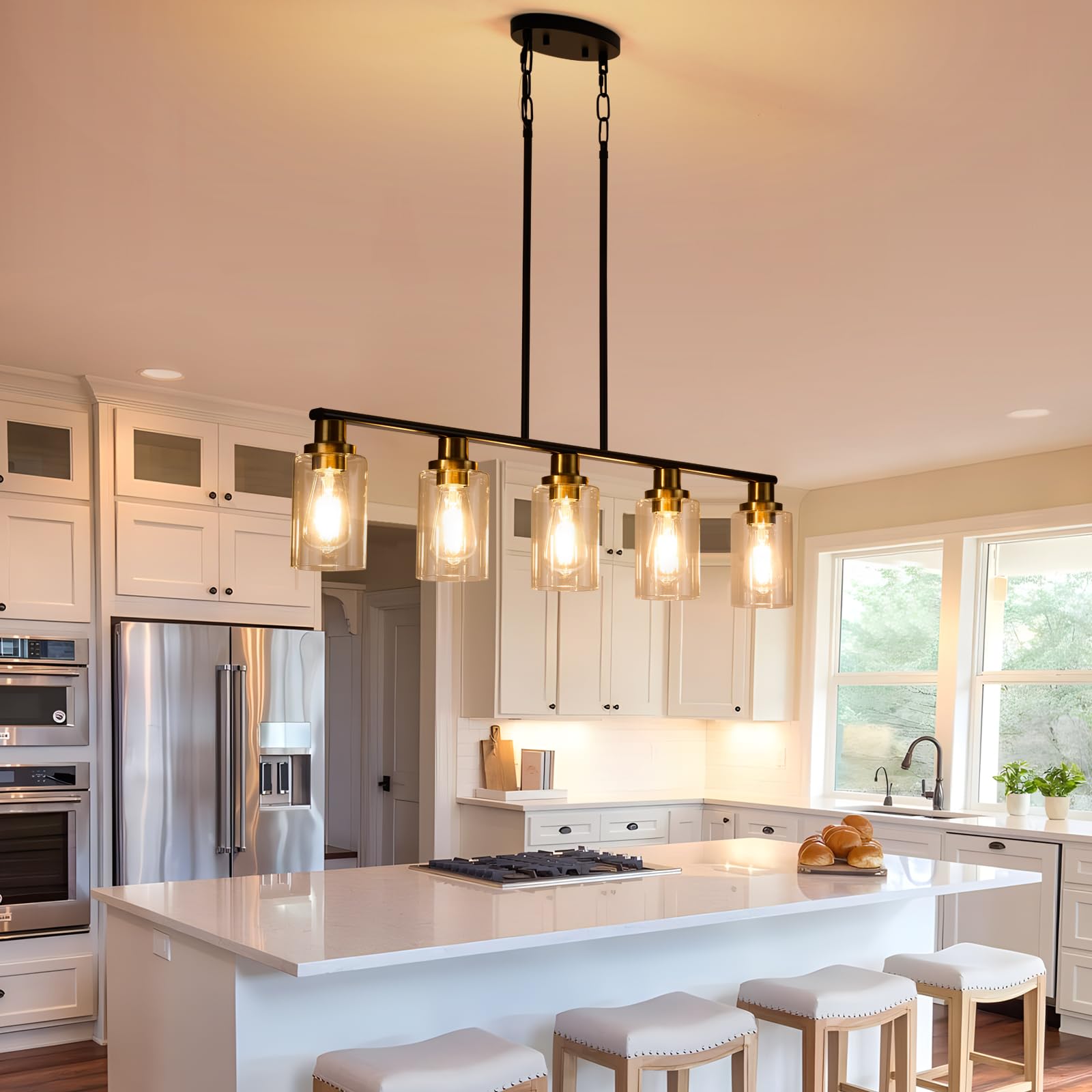Kpiok Dining Room Light Fixture,5-Light Farmhouse Linear Chandeliers For Dining Room Over Table,Matte Black And Gold Finish Kitchen Island Pendant Lighting For Kitchen Island,Pool Table Light