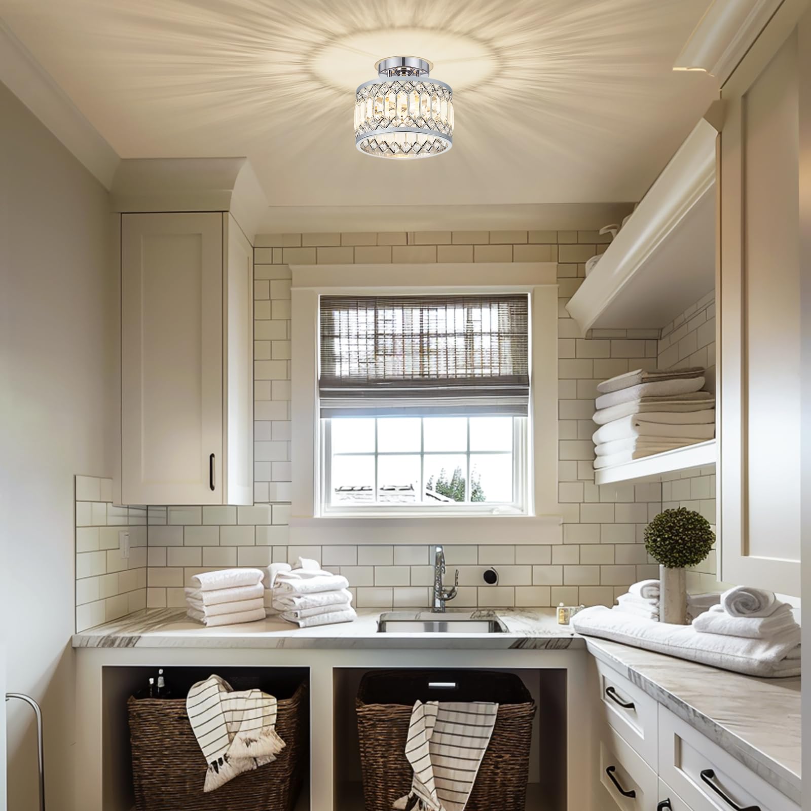 Pevfah Crystal Chrome Ceiling Light, Modern Semi Flush Mount, 9 Inch, 1-Light, Model SJ250521001