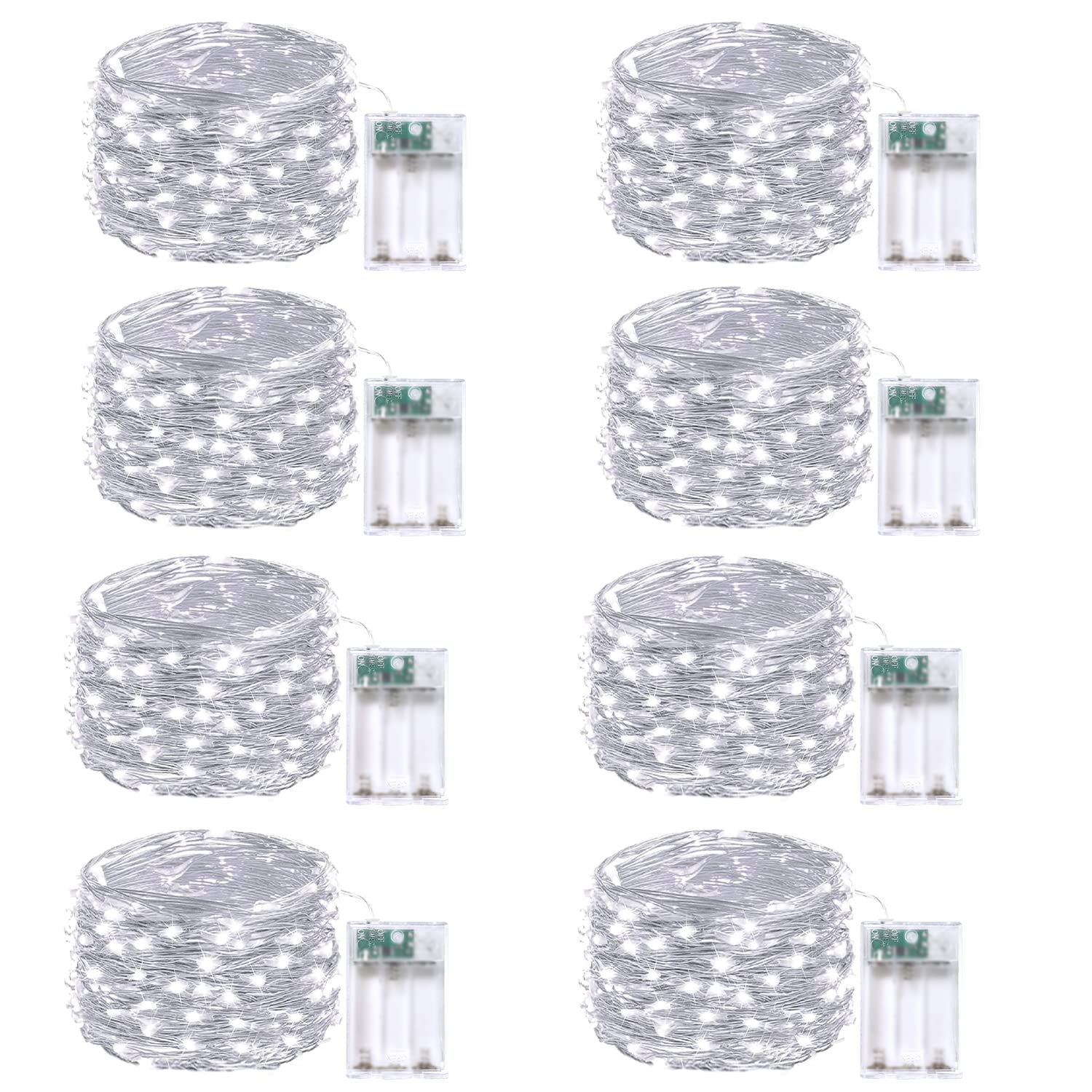 EXF 8-Pack Battery Operated Fairy Lights, 50 LED, Waterproof, Remote & Timer, 16 FT, Cool White, Model YHY-BO50LED