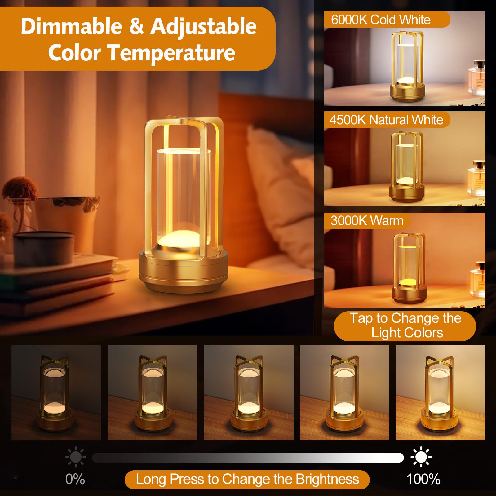 Yunaking Portable Table Lamp - Cordless Rechargeable, 3 Color Dimmable, Metal, Transparent Gold, Model CPJJDZ0SZD0119