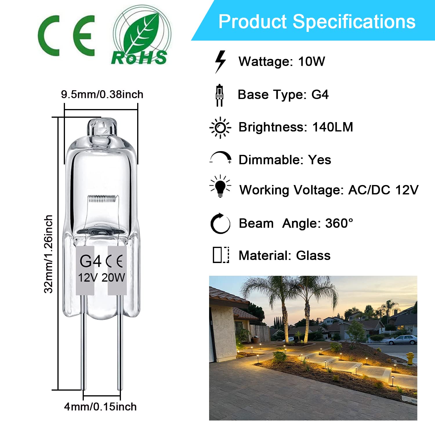 G4 12V 10W Halogen Light Bulbs, 12 Pack Crystal Clear 2 Pin Jc T3 Bi-Pin Base, Dimmable 2700K Warm White Capsule For Under Cabin