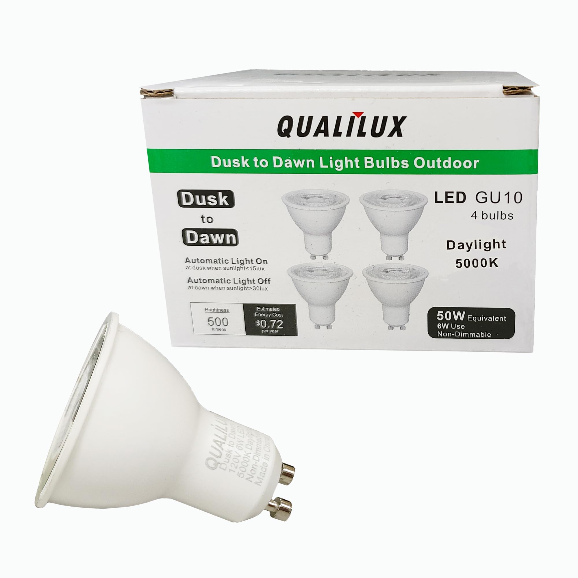 Qualilux Mr16 Gu10 Dusk To Dawn Light Bulbs, Daylight 5000K, 50W Equivalent, 500Lm, Auto On/Off Light Sensor Bulb, Non-Dimmable,