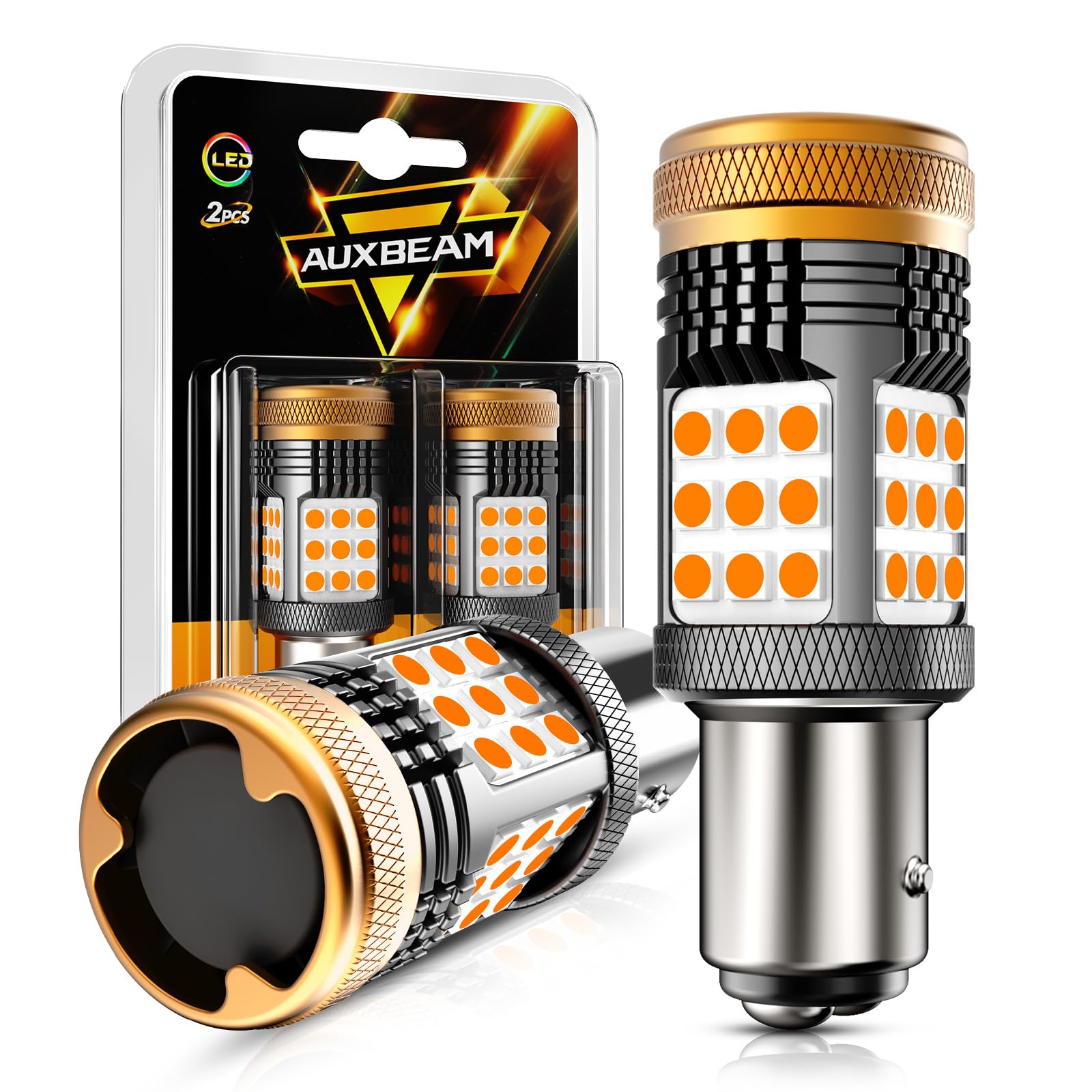 Auxbeam 1157 LED Blinker Bulbs, Amber Yellow, Built-in Resistor, CANBUS Error Free, Model AUXBEAM-B21-1157Amber, 600% Brightness