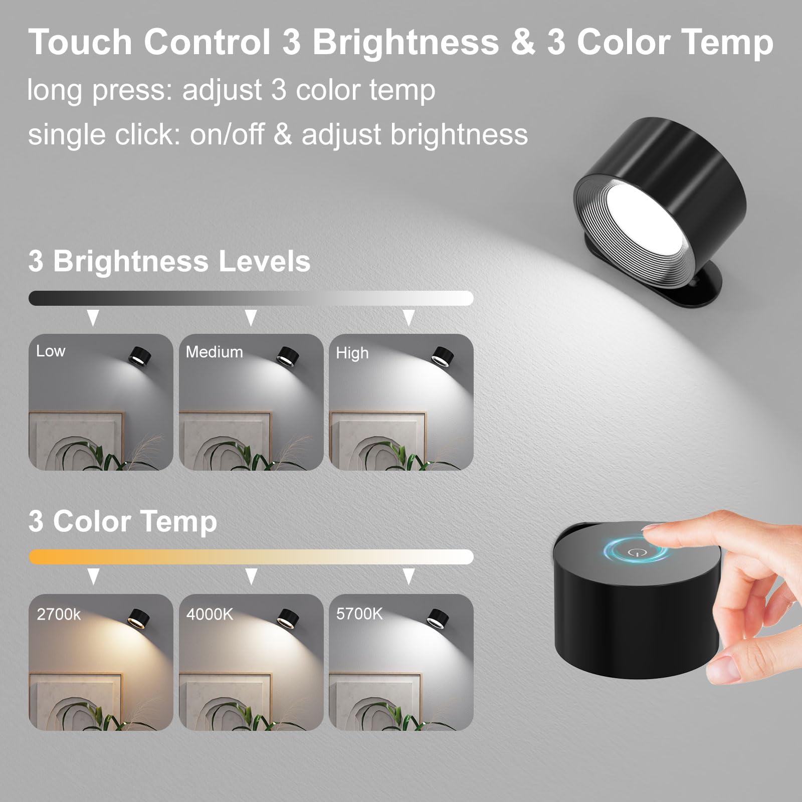 Koopala 2Pcs Rechargeable Battery Operated Led Wall Lamps, Wall Mounted Lights With 3 Brightness 3 Color Temp Removable Charging