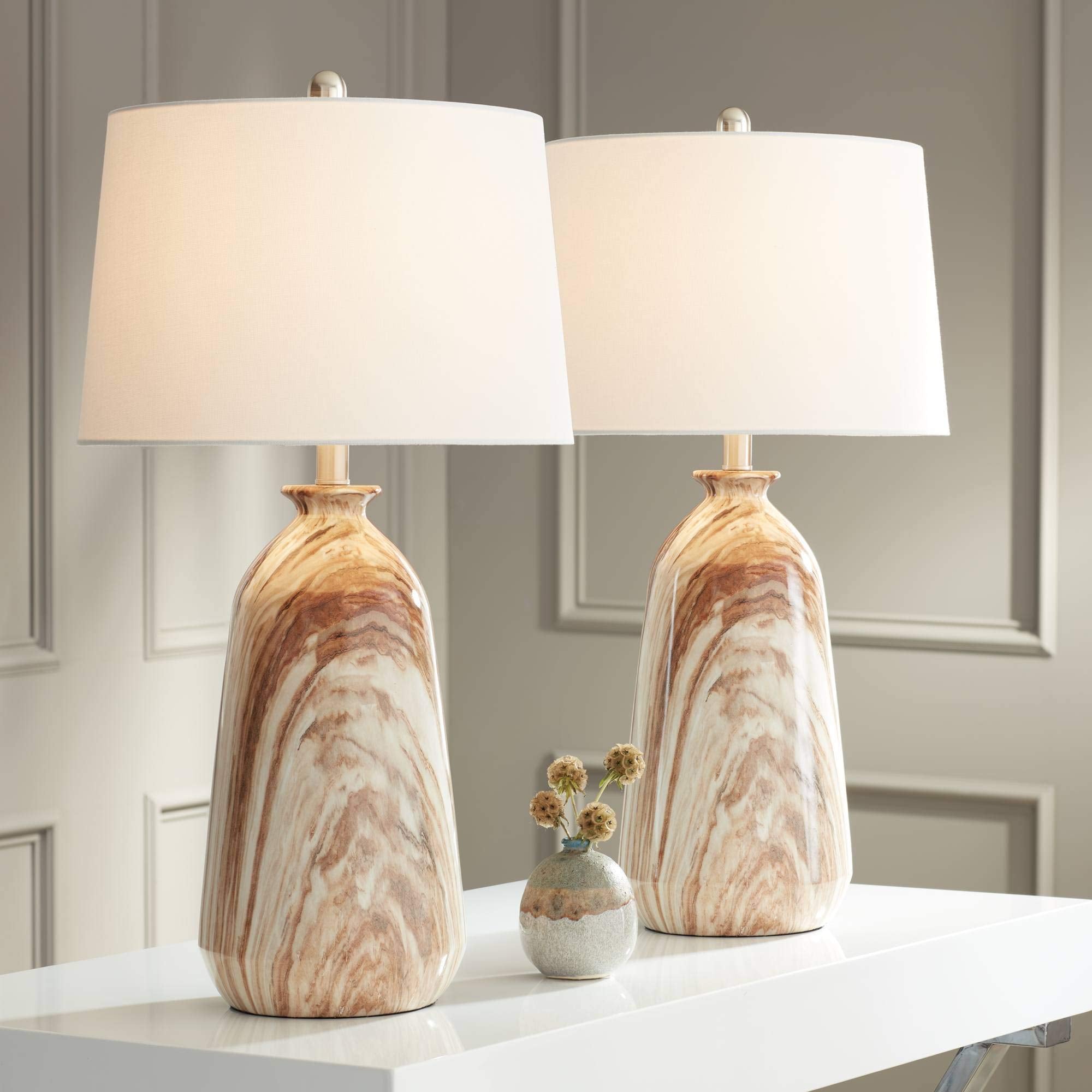 360 Lighting Carlton Modern Rustic Southwestern Table Lamps 28'' Tall Set of 2 Swirling Brown Faux Marble White Tapered Drum Sha