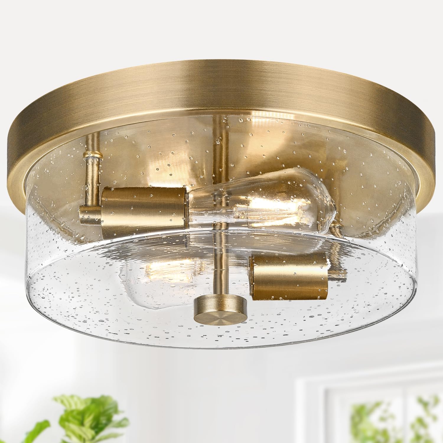 Flush Mount Ceiling Light Fixtures, 2-Light Brass Ceiling Mount for Farmhouse with Seeded Glass Lampshade, Industrial Hall Flush