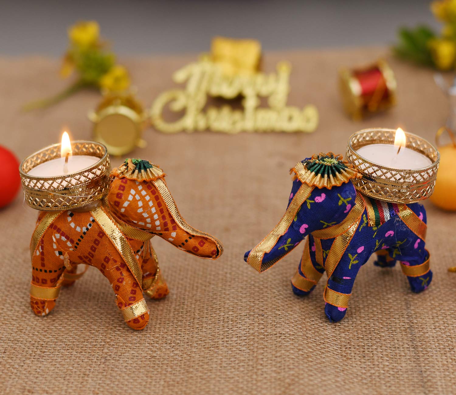 Collectible India Cotton Elephant Design Tealight Candle Holder, Pack of 2