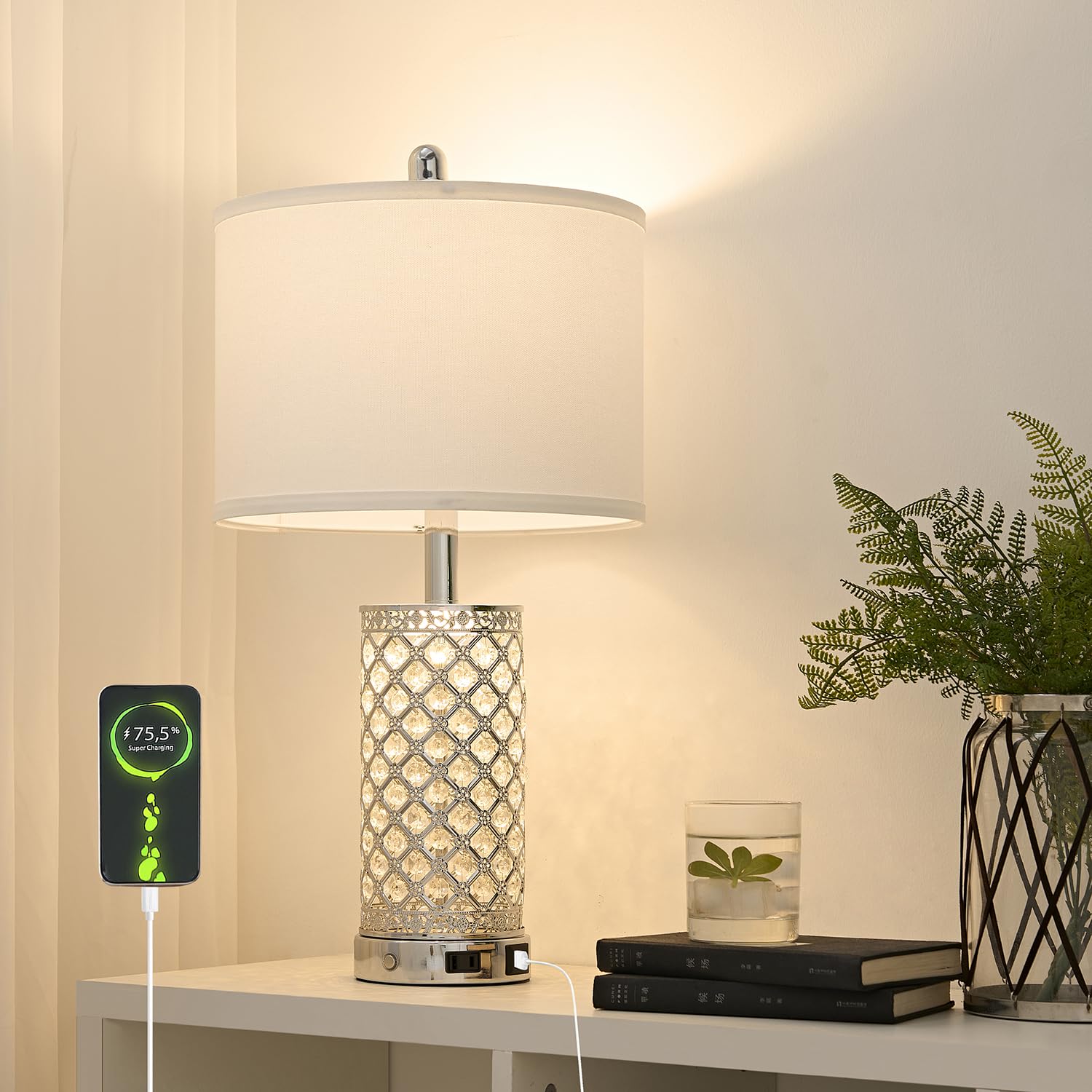 SAIWEYA Modern Crystal Table Lamp - 24in Silver Bedroom Lamps 3-Way Dimmable Touch Lamp with Night Light  2 USB Ports + AC Outlet  Bedside Night Stand Lamp for Living Room Office (Silver- 1 Pack 24In)