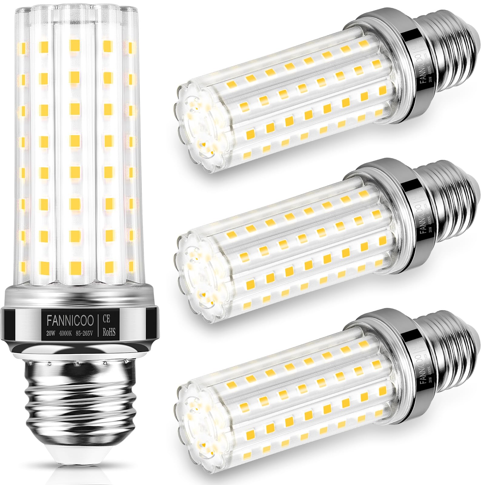 Led Corn Light Bulb 150W Equivalent 2500 Lumen 4000K Neutral White 20W E26/E27 Base Non-Dimmable Ceiling Fan Corn Lighting For Home Garage Warehouse Indoor Led Corn Bulbs Pack Of 4