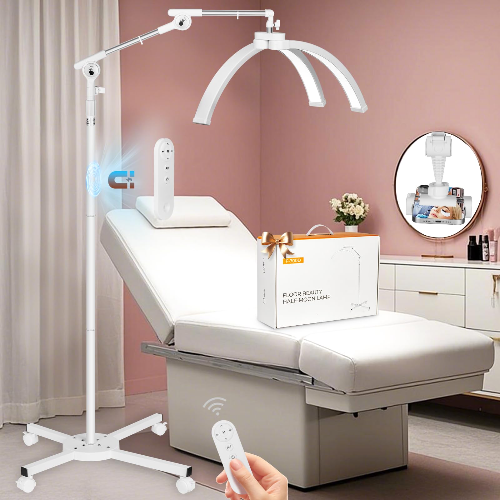 HITTI Lash Light for Eyelash Tech, 2025 New Upgrad LED Half Moon Light Lash Lamp with 4 Wheel Rolling Base, Esthetician Light Ta