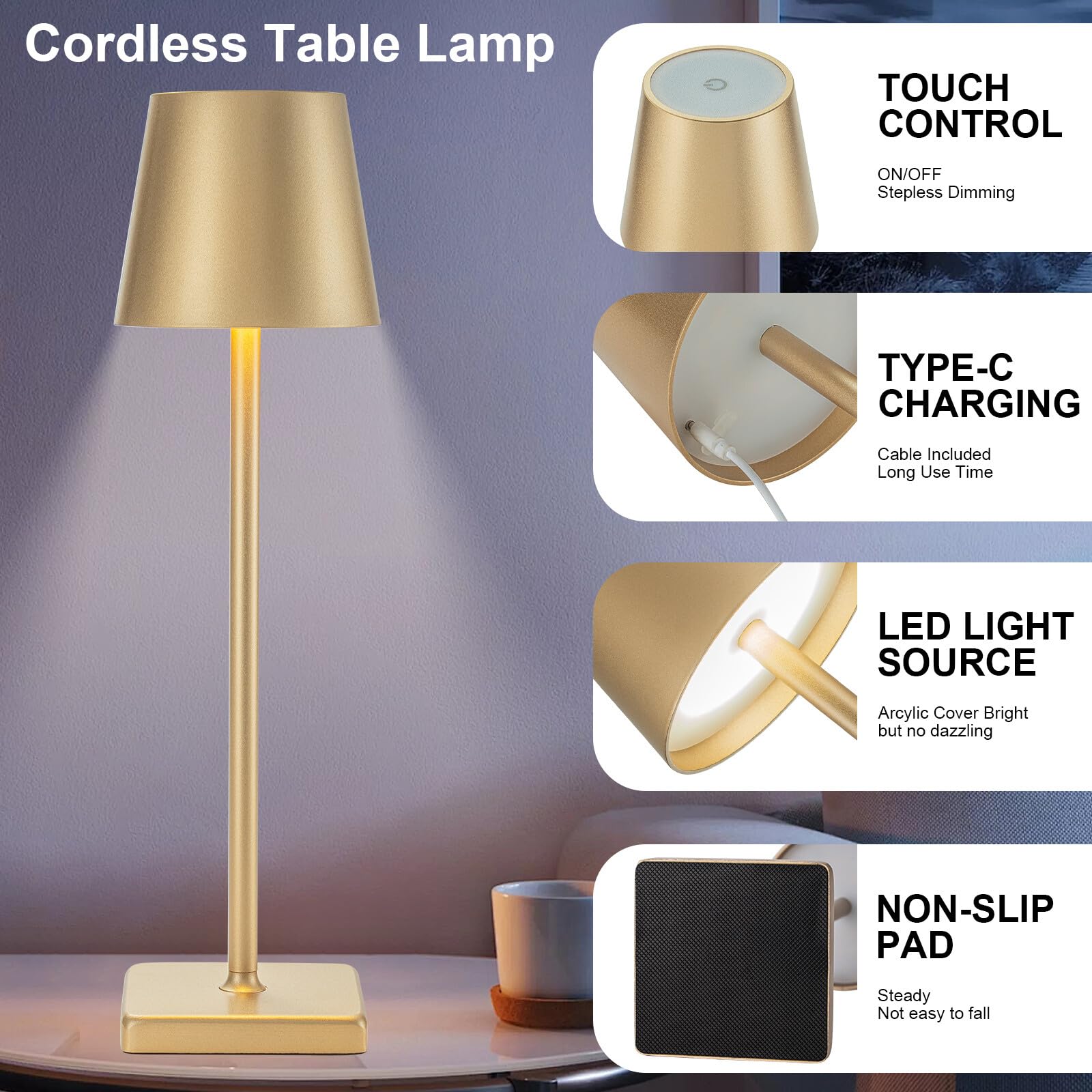 Kelary 2 Pack Cordless LED Table Lamp, Rechargeable, Stepless Dimmable, Gold, IP54 Waterproof, Model BZTD008GDFBAK